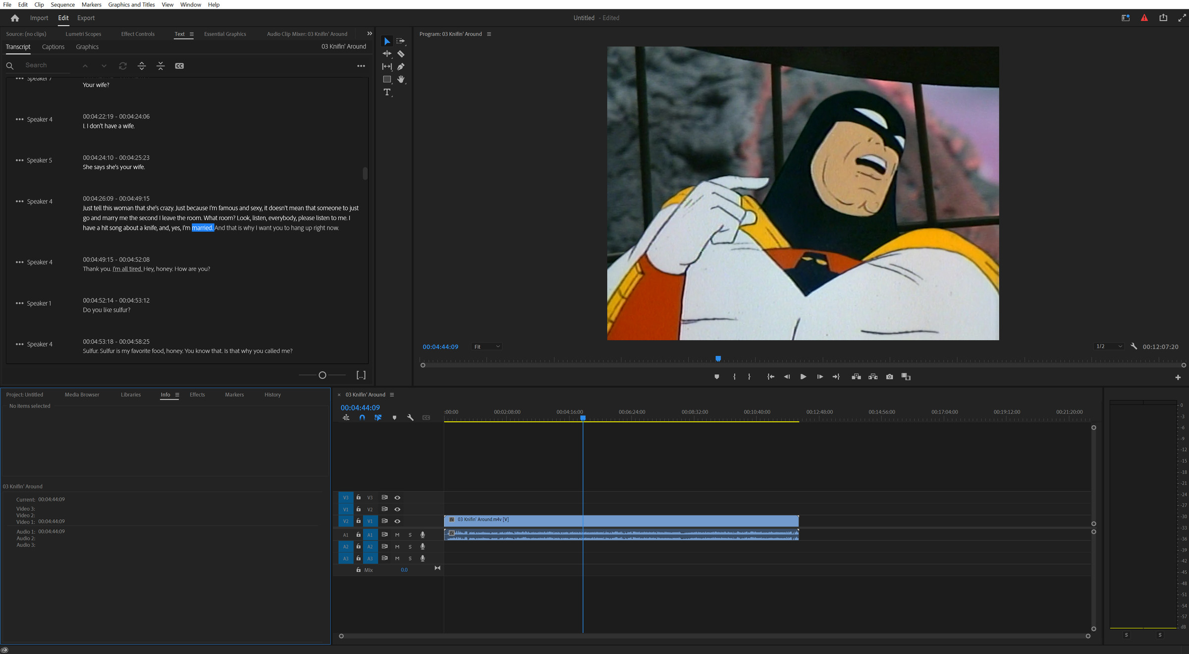 An image of a transcription being generated in Premiere of the Space Ghost: Coast to Coast episode “Knifin’ Around.”