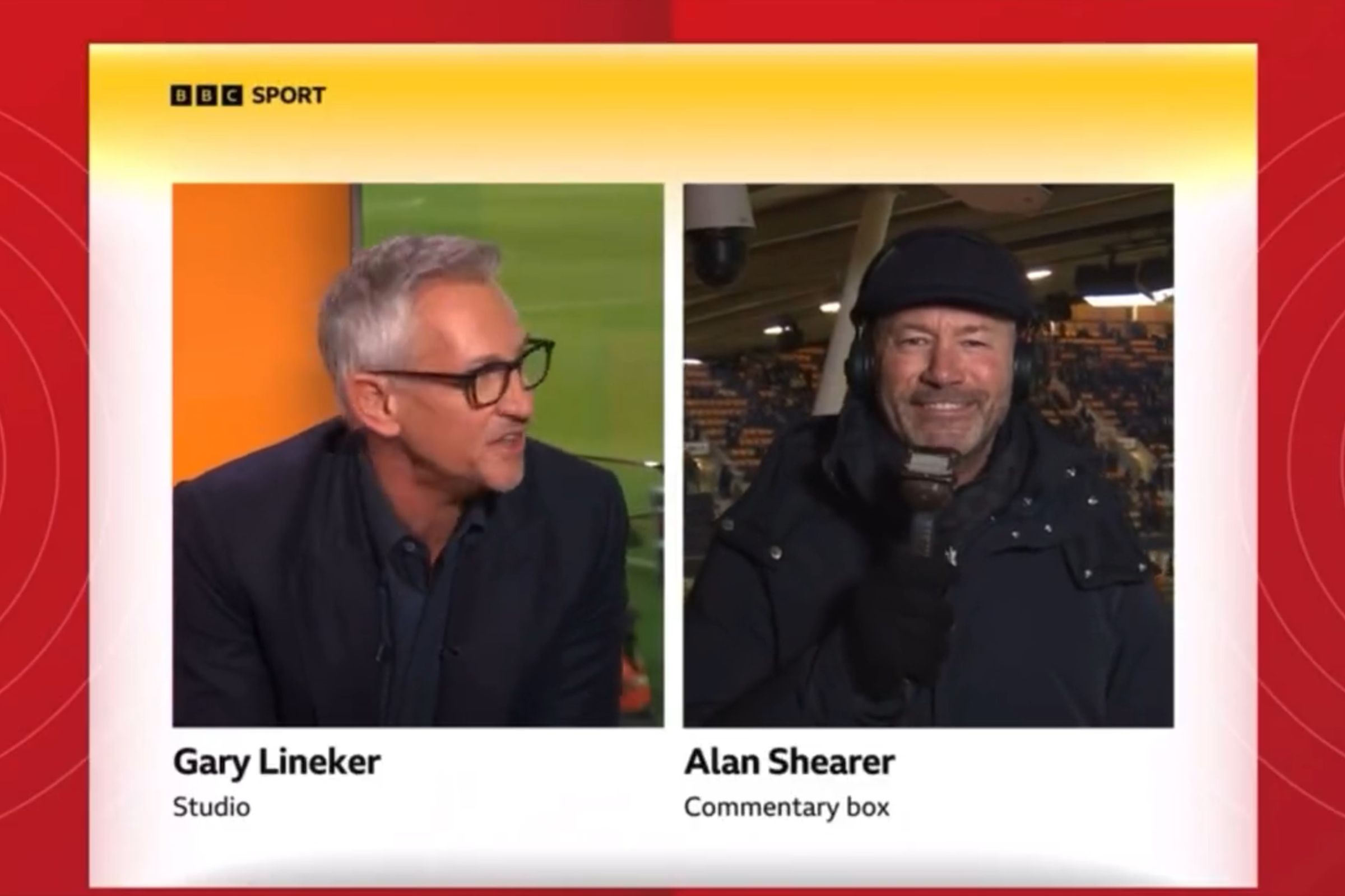 Gary Lineker and Alan Shearer appear live on BBC Sport’s coverage of an FA Cup football match.