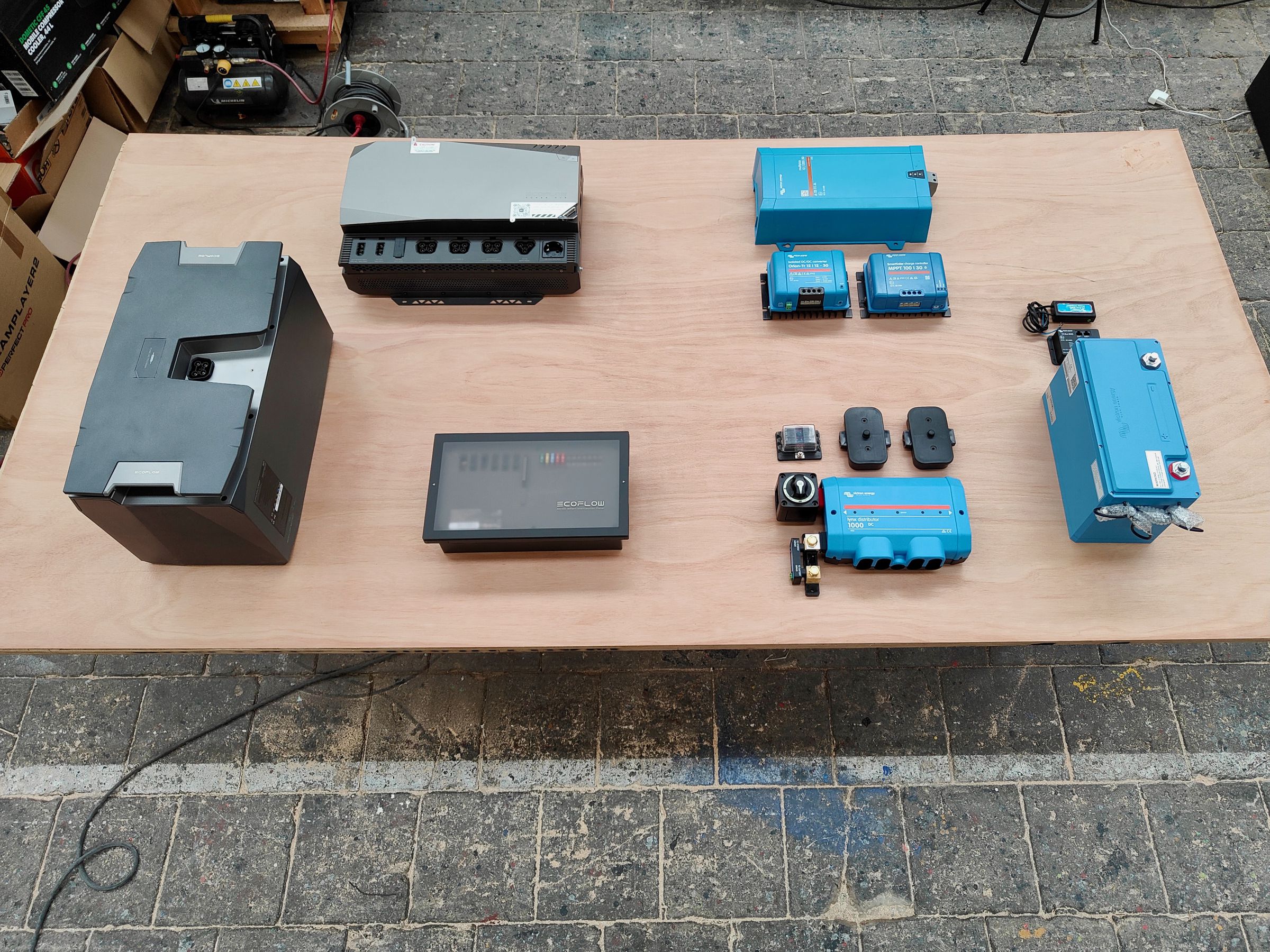 Componenti del Power Kit a sinistra rispecchiati da un sistema Victron simile (con capacità della batteria molto inferiore) in blu a destra. EcoFlow richiede molti meno componenti.
