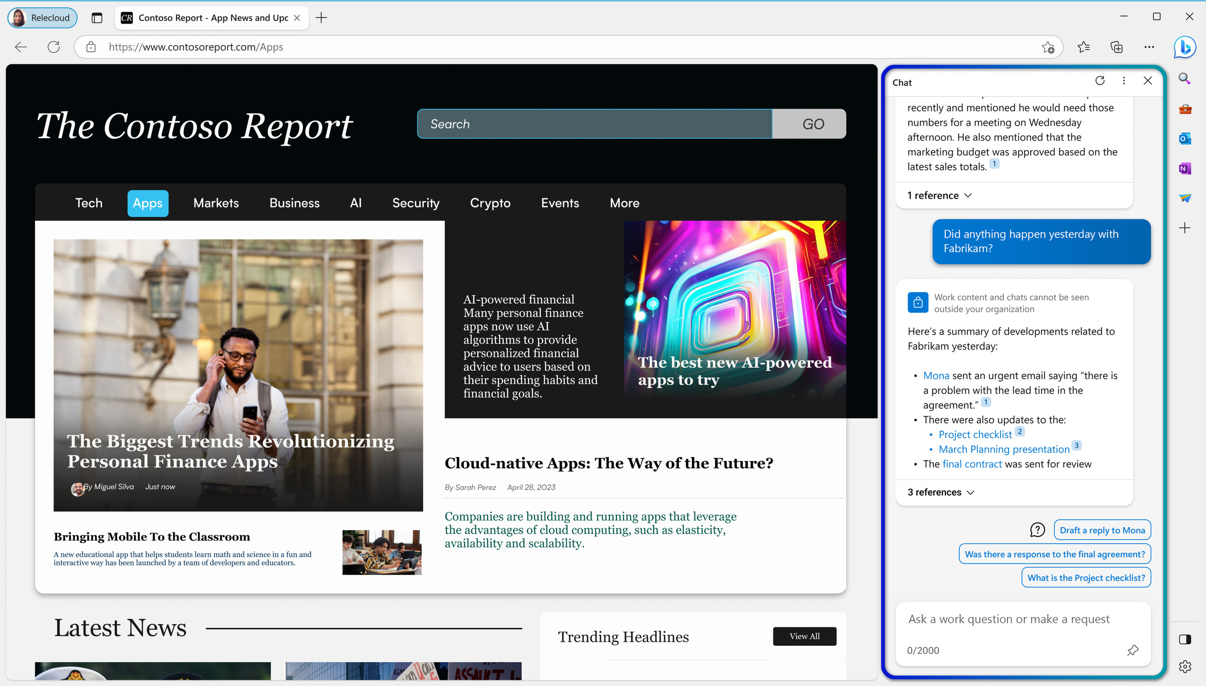 An edge browser window on a work website called the Contoso Report, 365 chatbot is running on the right side.