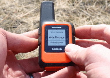 Gif showing someone typing out a message on a Garmin InReach Mini.