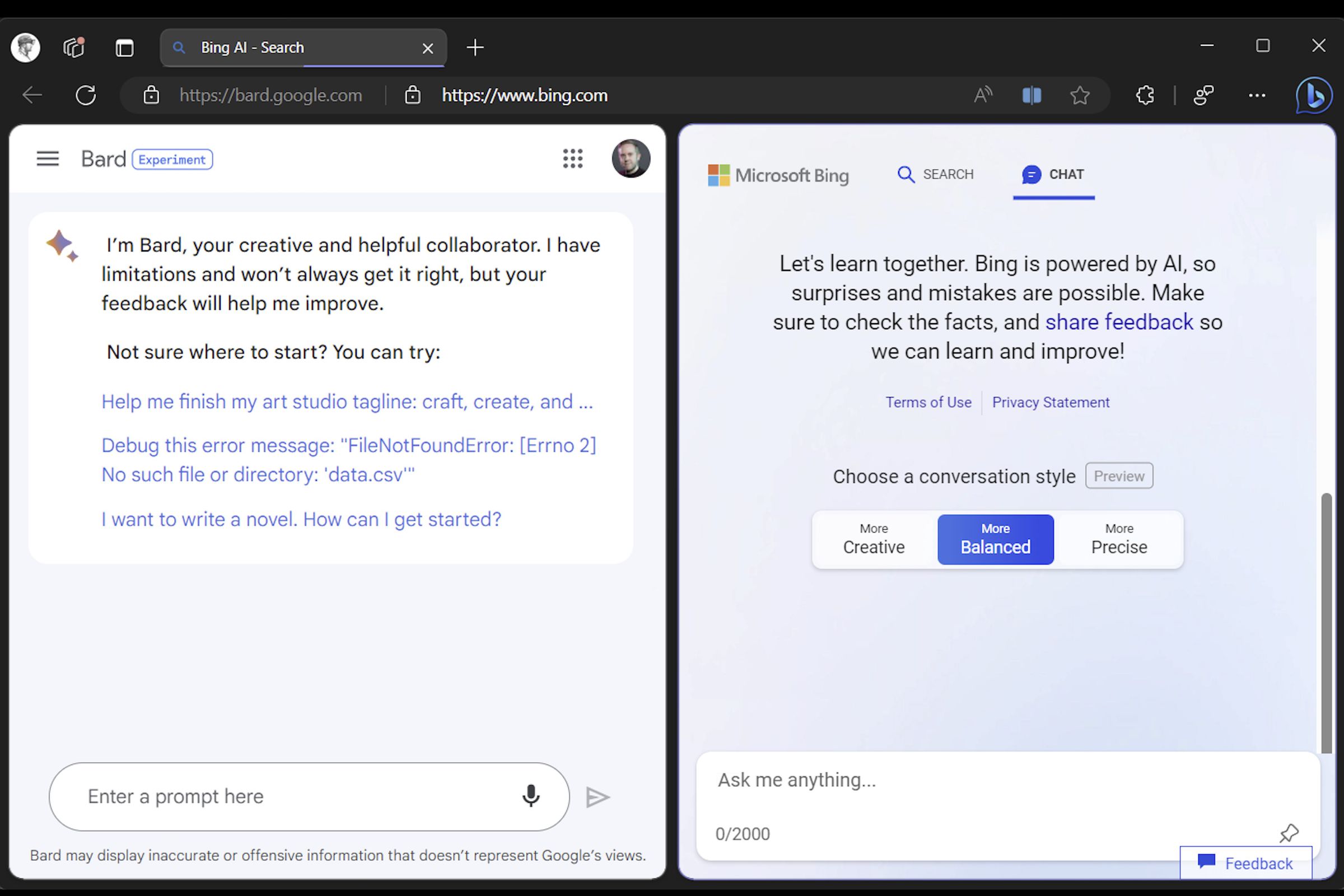screenshot of Microsoft edge developer with two websites side by side: google bard and Microsoft bing ai.