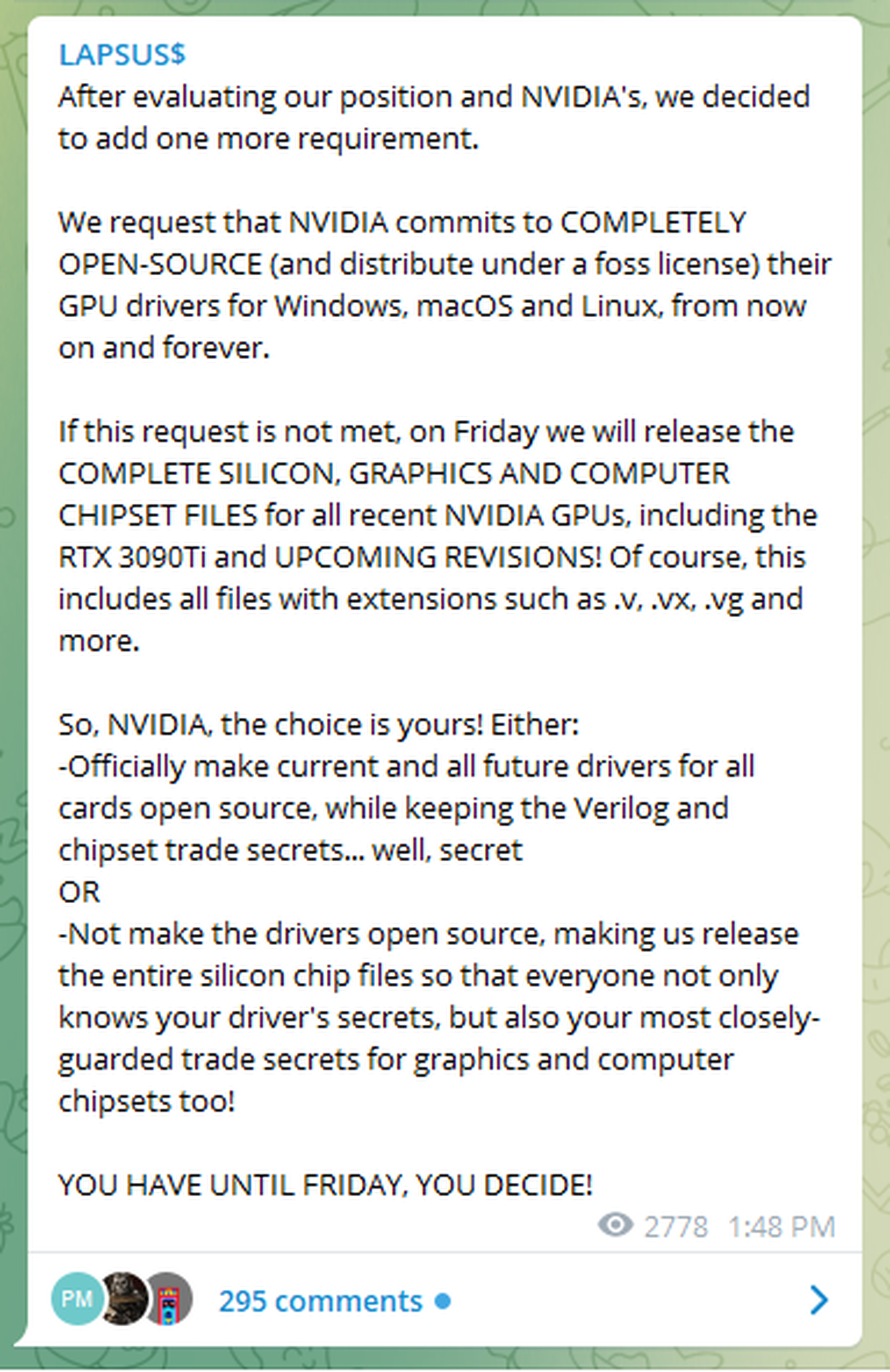 A message from the hacking group, updating its demands to Nvidia.