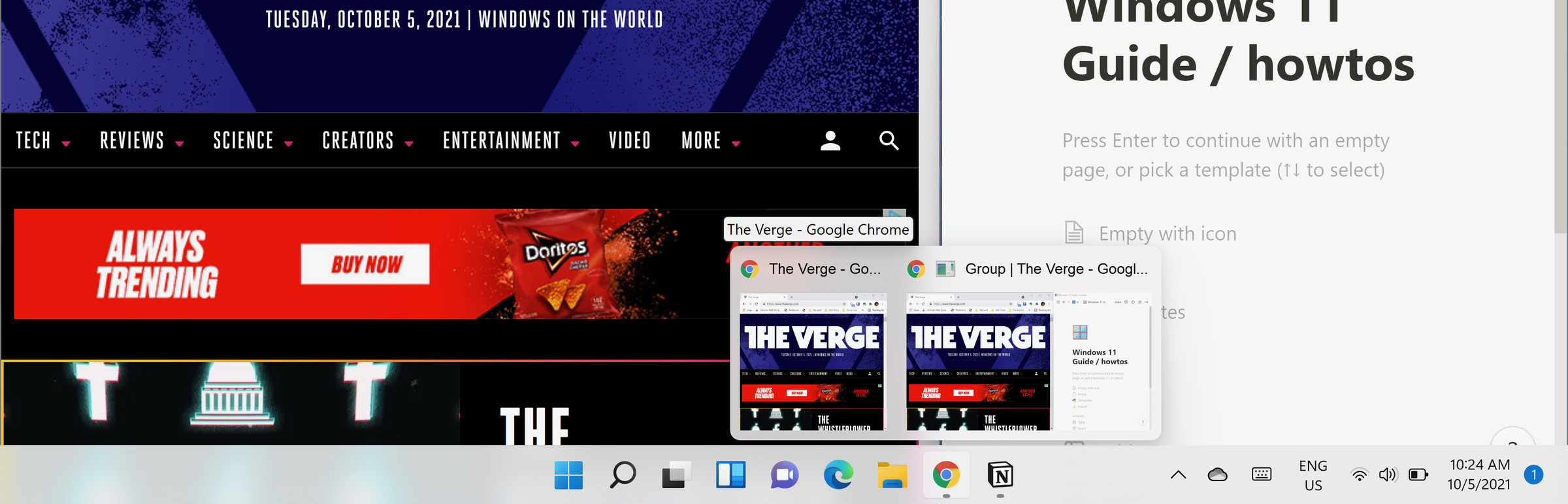 Hover over an apps taskbar icon, and you’ll see both the app alone and its layout grouping.