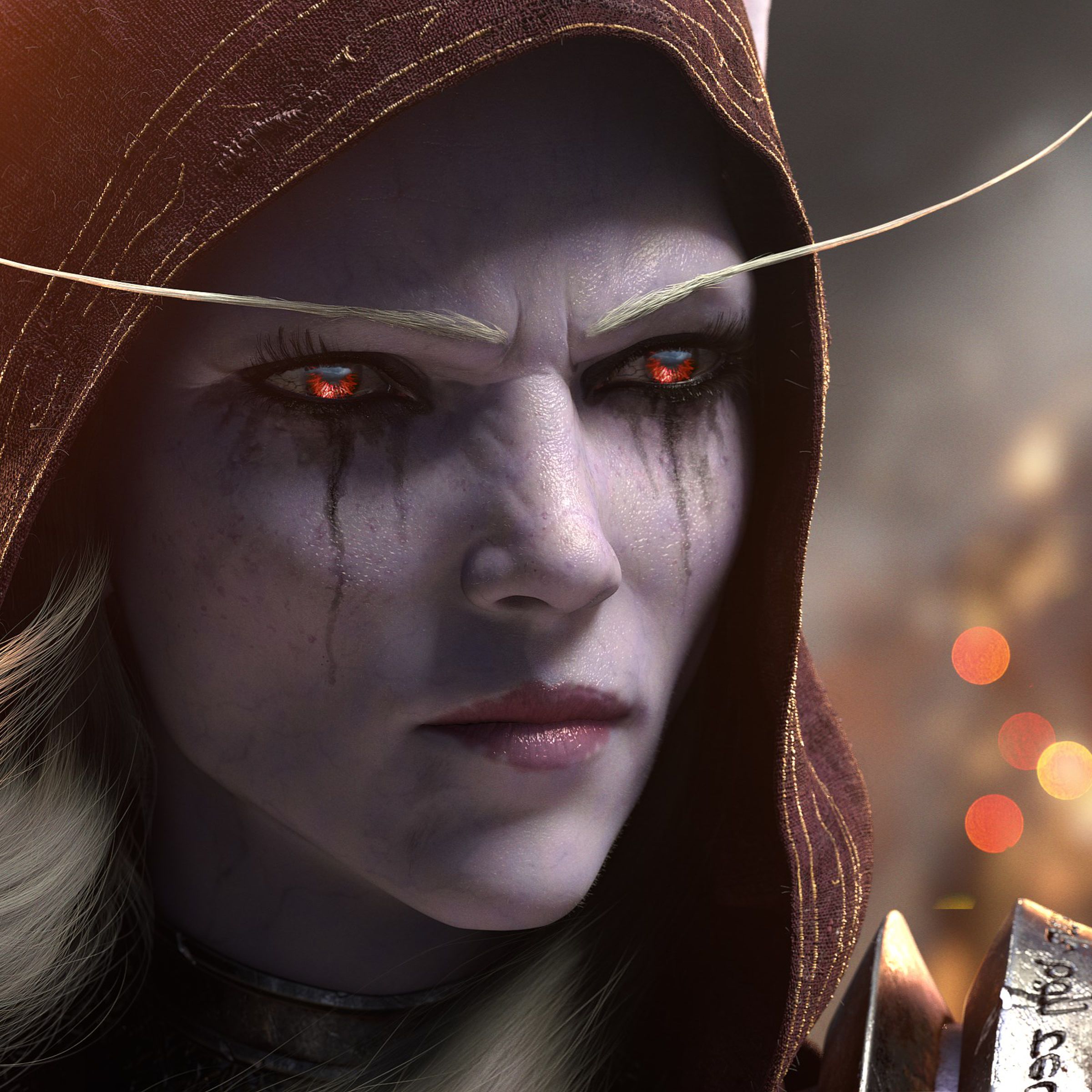 Screenshot from Battle For Azeroth launch cinematic featuring a close up of a scowling purple skinned elf