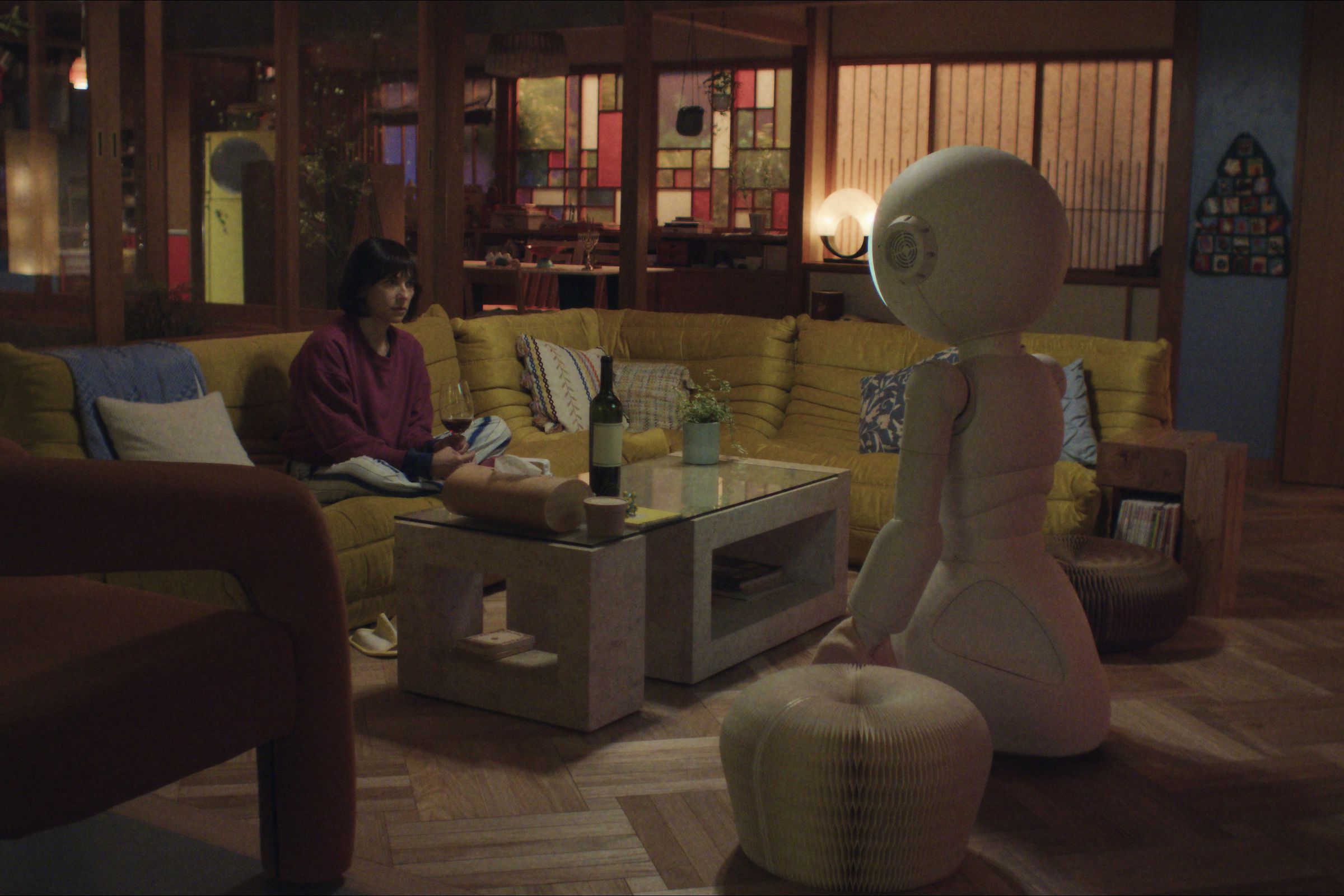 A woman sitting on a couch in a cozy living room across from a humanoid robot.