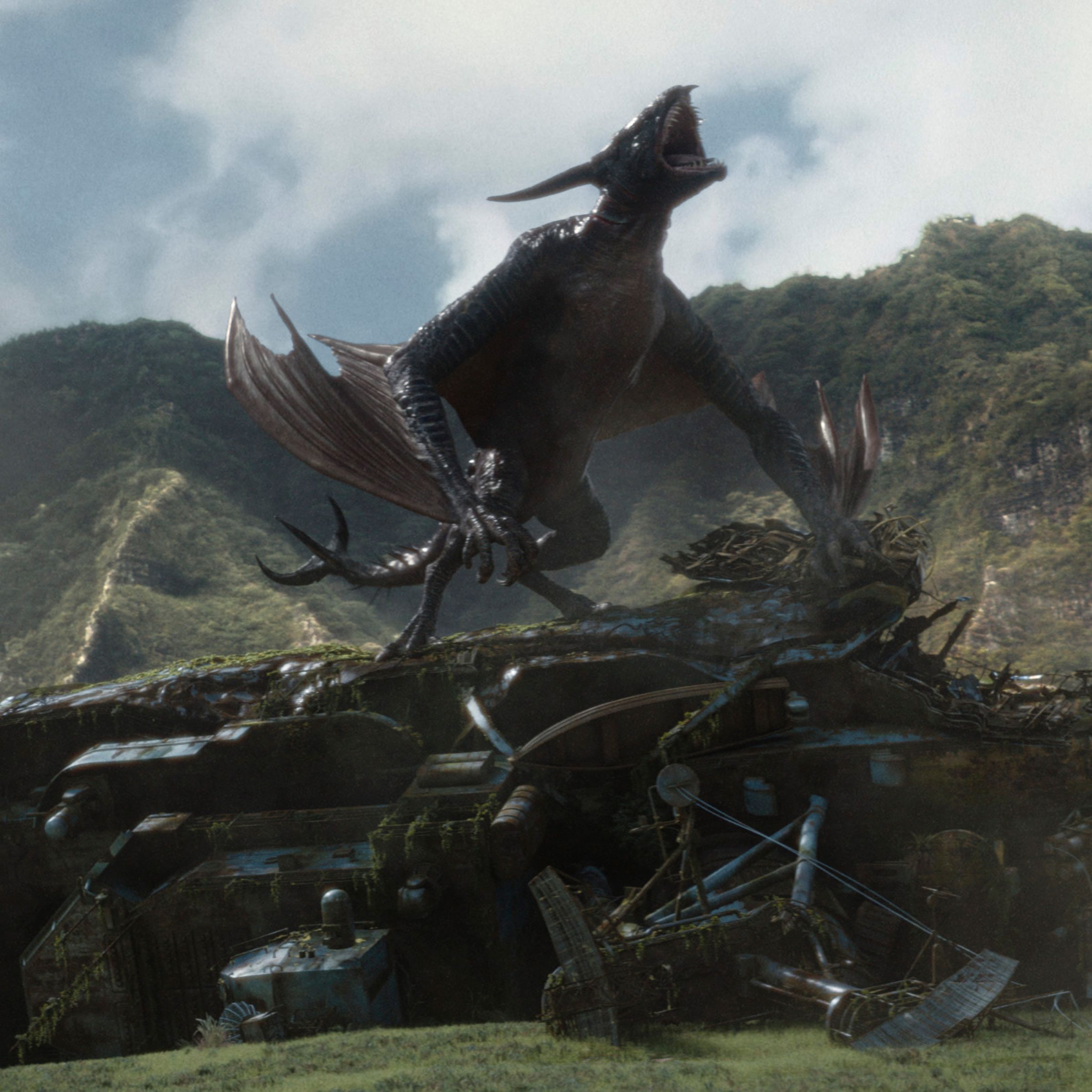 A winged dinosaur-like creature sitting atop the ruins of a wrecked building.