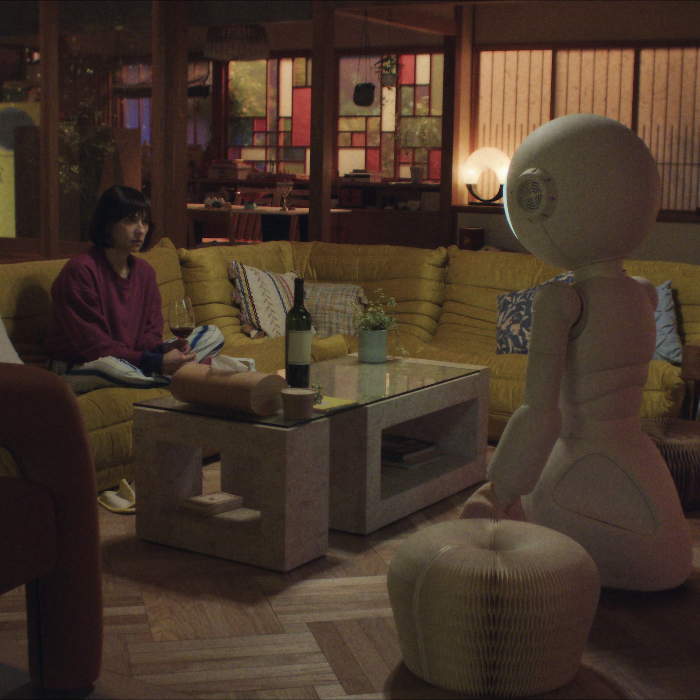 A woman sitting on a couch in a cozy living room across from a humanoid robot.
