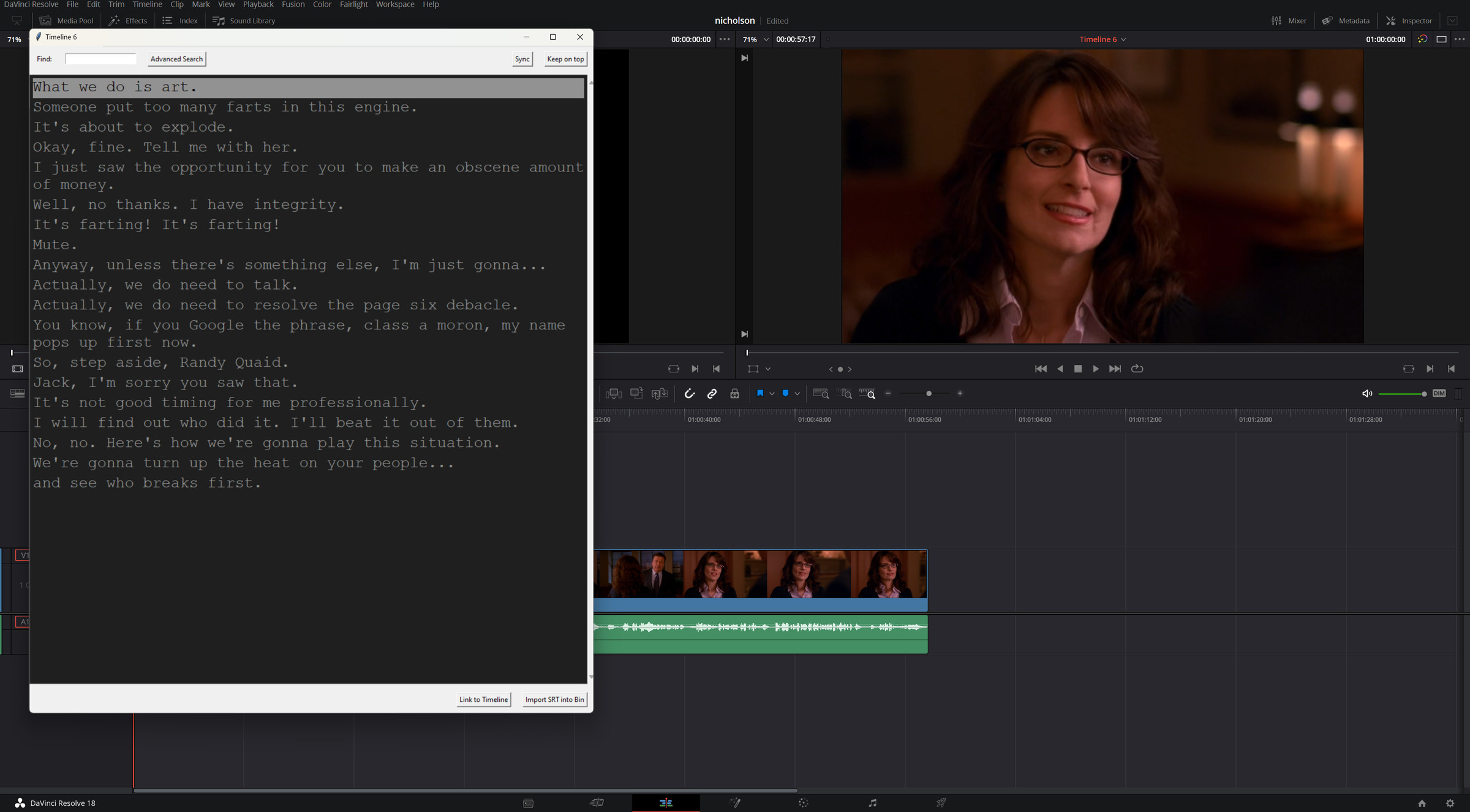 An image of StoryToolkitAI subtitling a portion of the “MILF Island” episode of 30 Rock in Resolve.