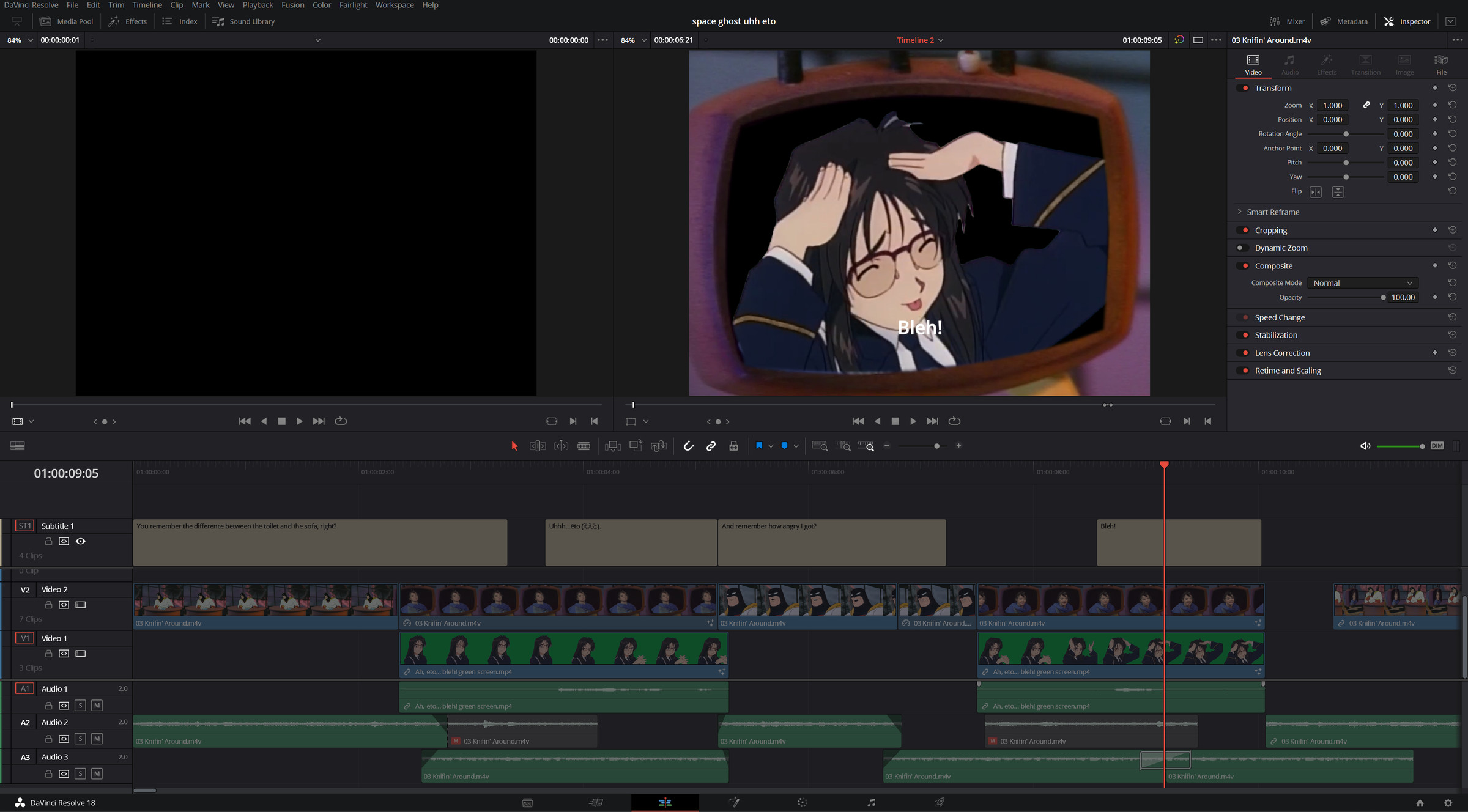 An image showing the interface of DaVinci Resolve, with a character from You’re Under Arrest being inserted into a scene from the Space Ghost episode “Knifin’ Around”.