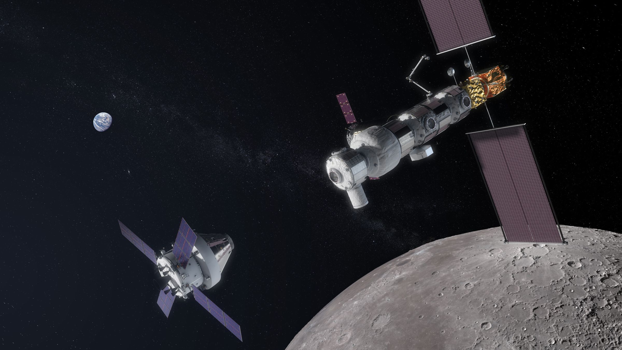 An artistic rendering of the space station NASA wants to build around the Moon called Gateway.