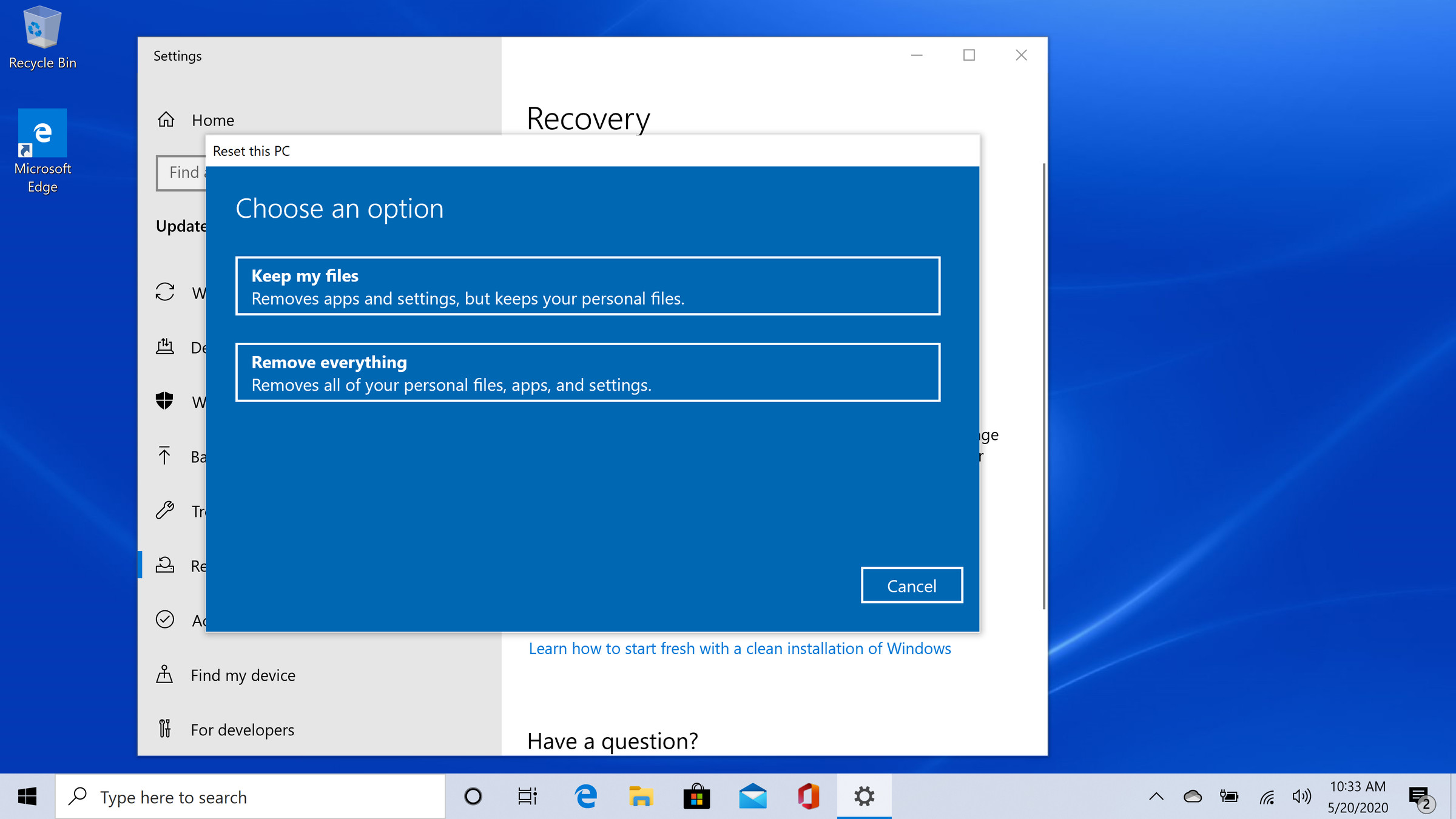 Windows 10 reset screens