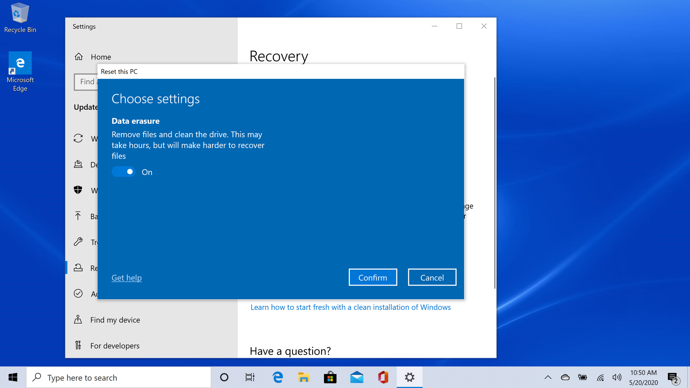 Windows reset data erasure settings