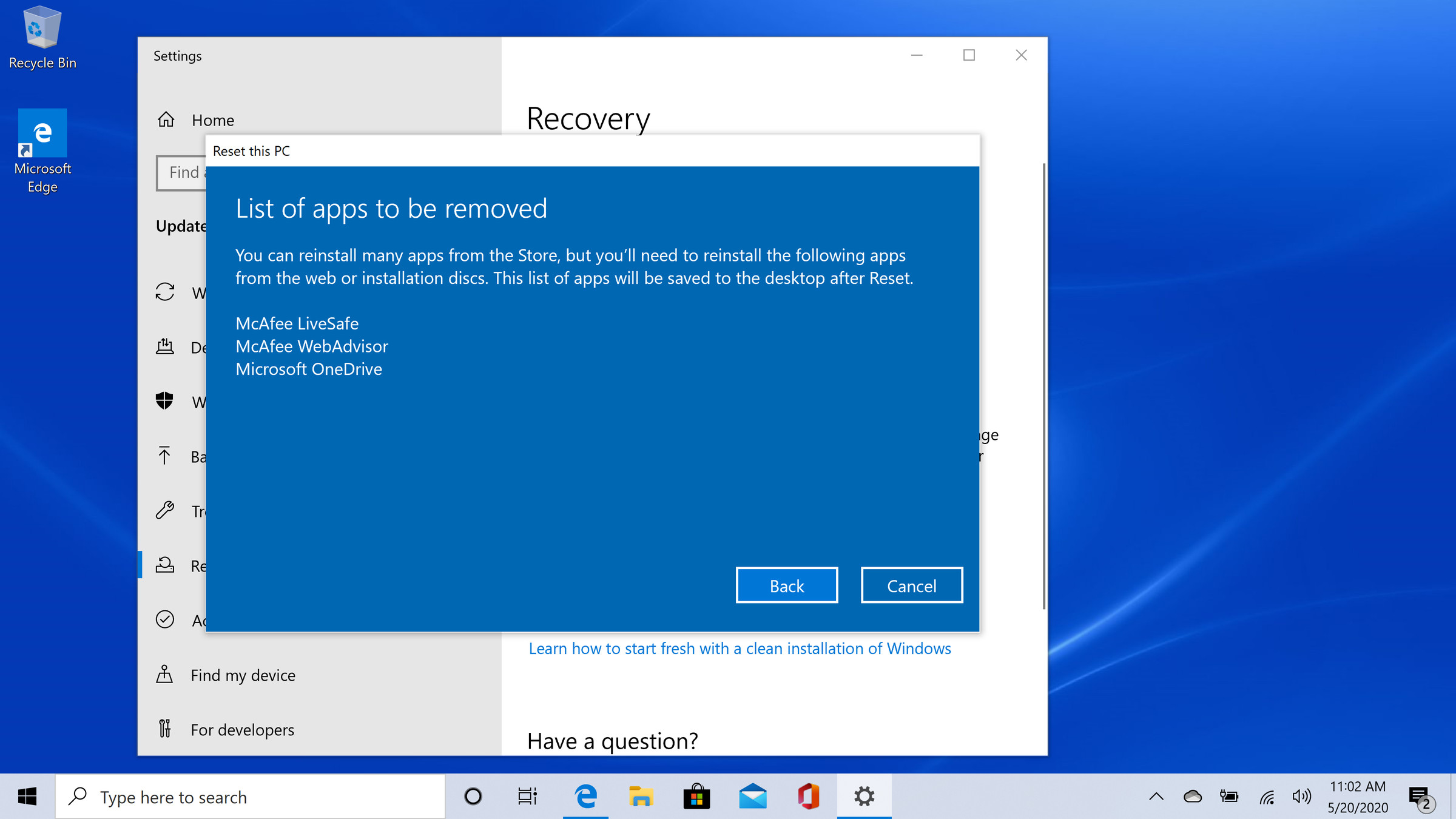 Windows 10 reset process