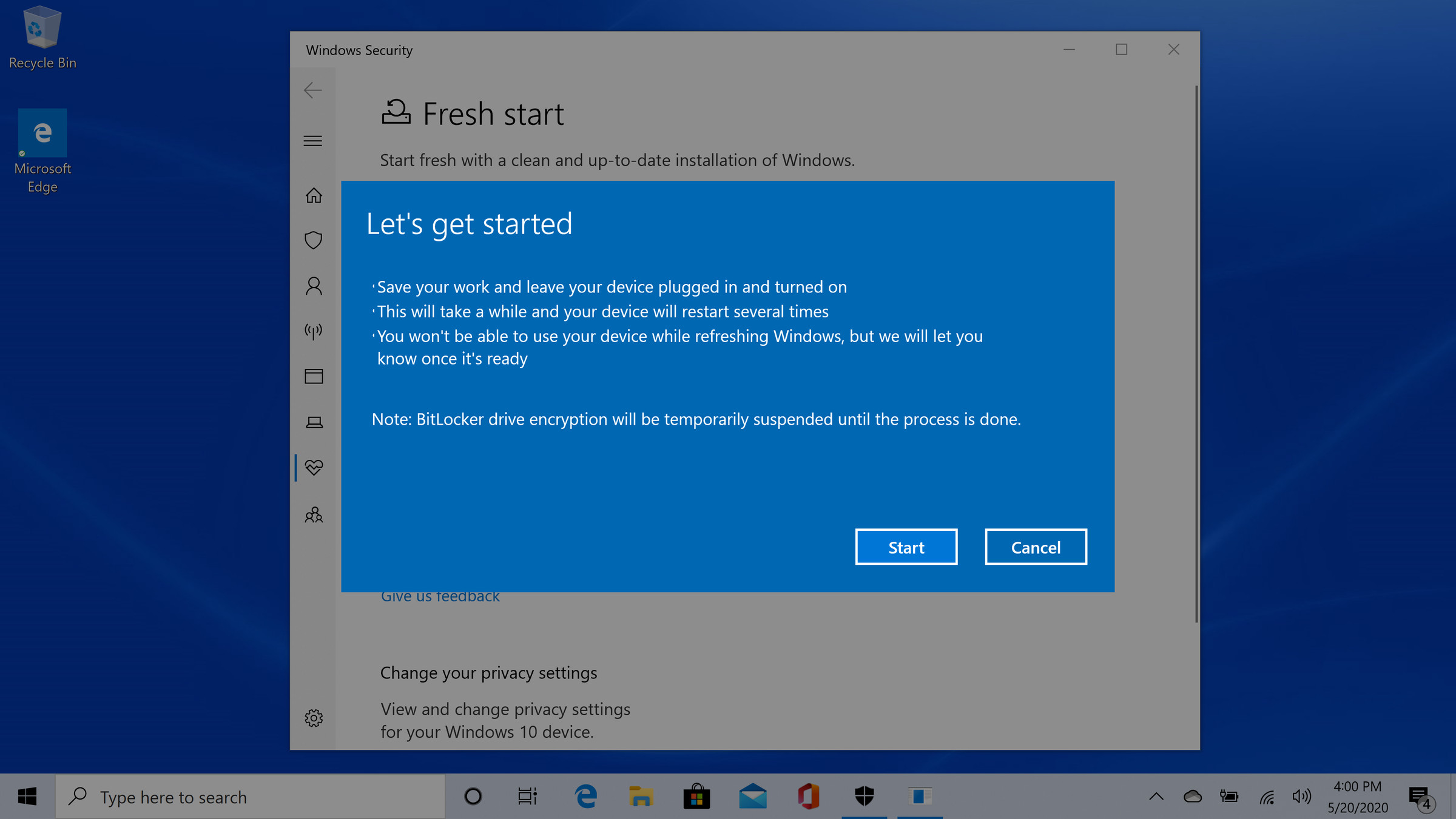Fresh start for Windows 10