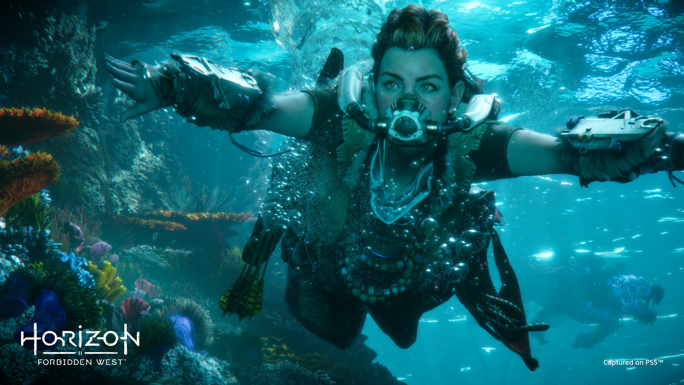 Screenshot from Horizon Forbidden West featuring the main character, Aloy, diving underwater wearing an underwater rebreather