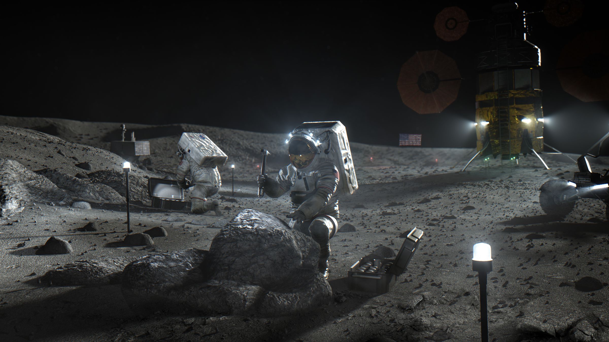 An artistic rendering of future lunar astronauts mining the Moon.
