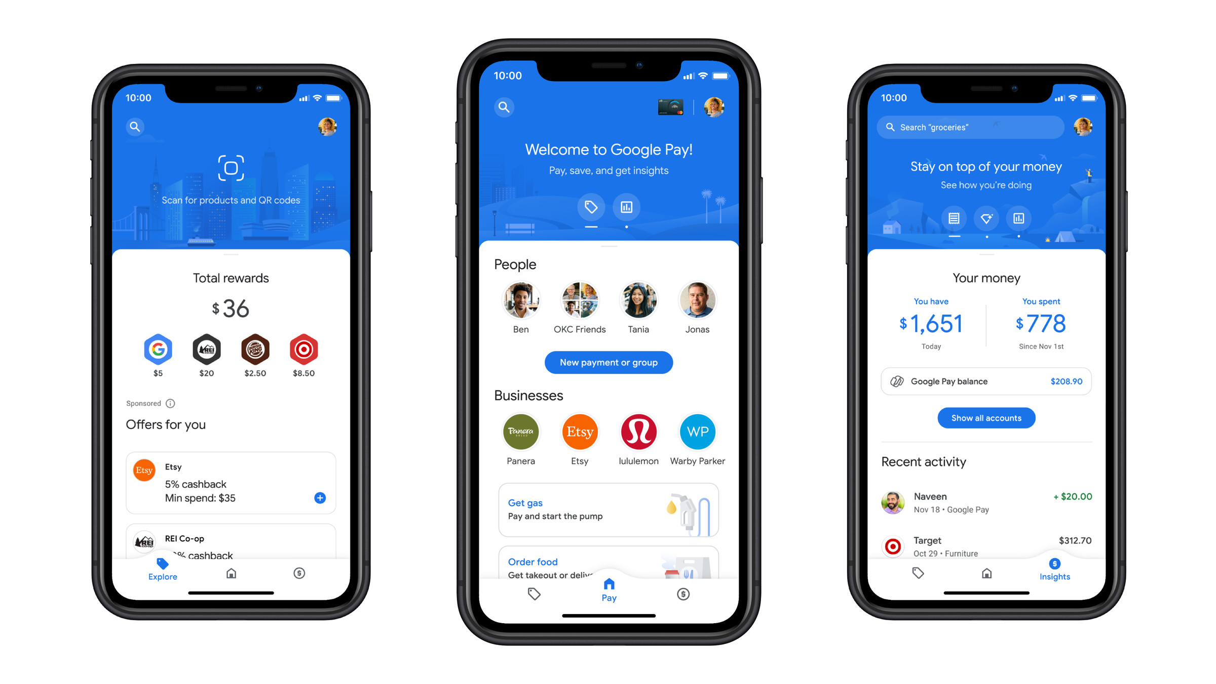 The three main screens in Google Pay