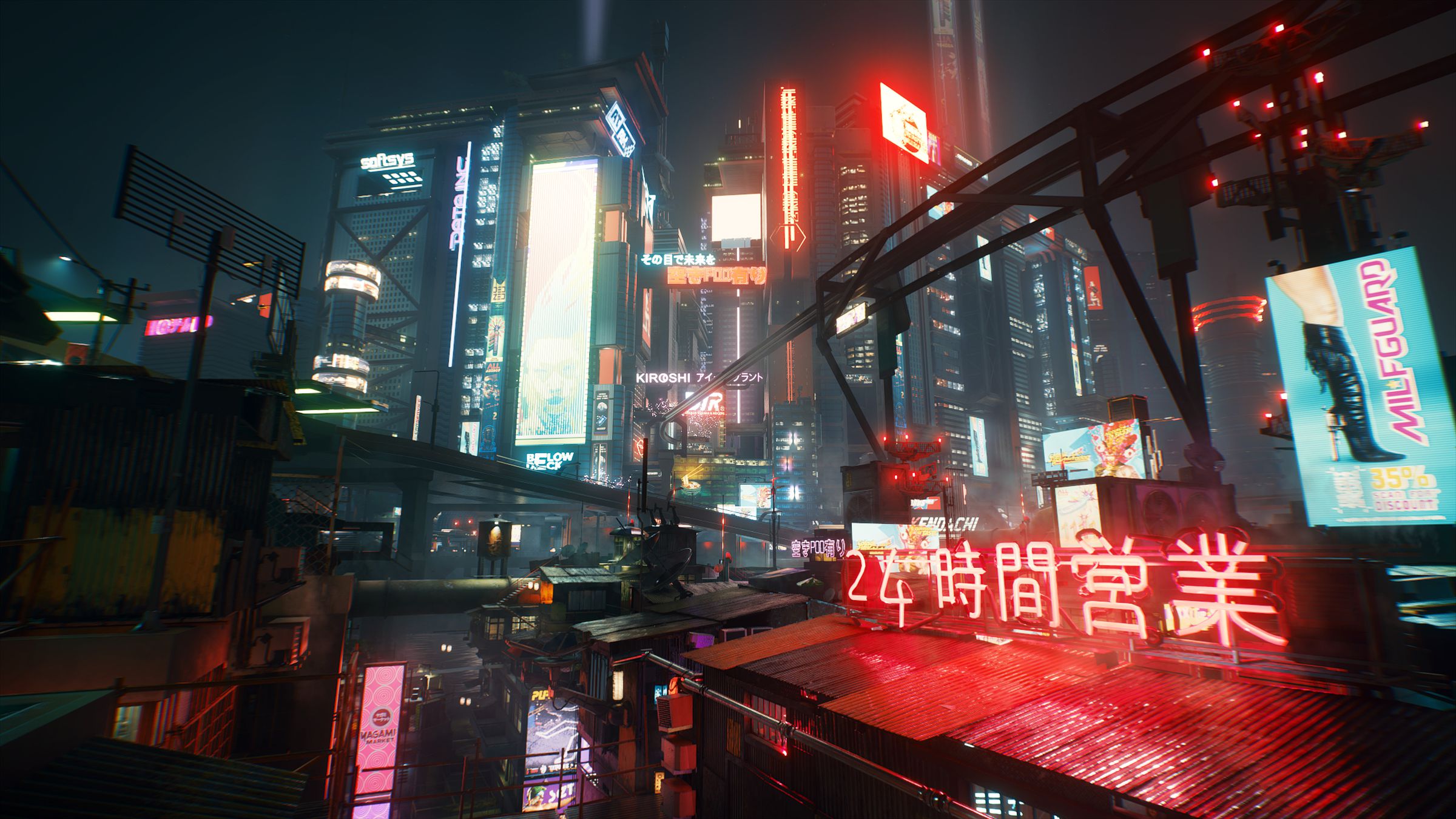 A Night City overhead view in Cyberpunk 2077