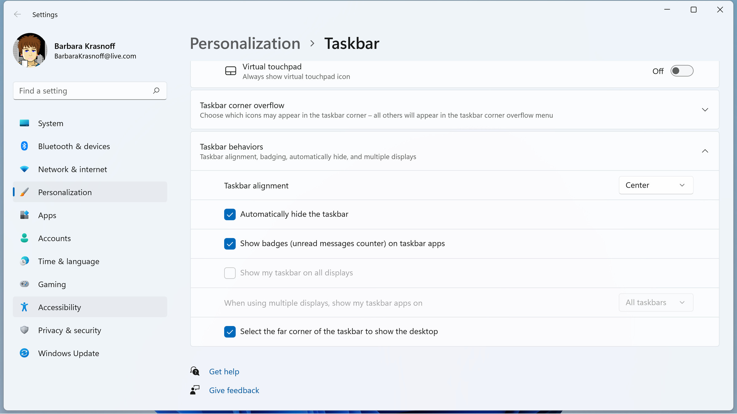 Taskbar behaviors include hiding the taskbar and showing unread messages.