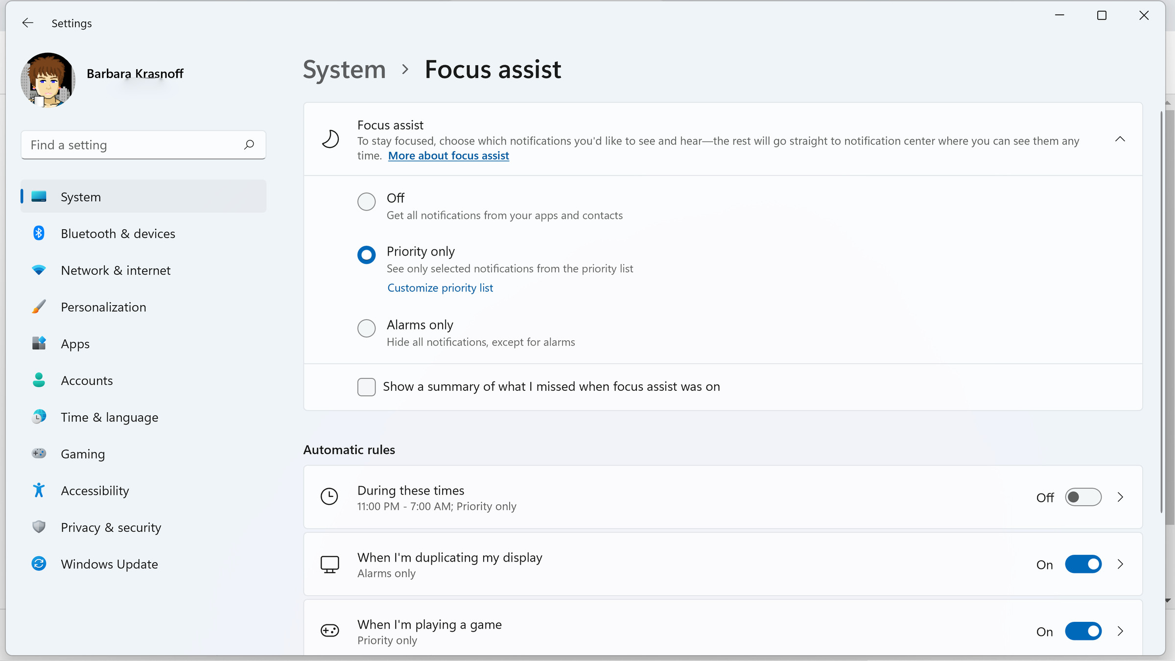 Within system settings, you can decide when you want Focus assist to activate, and for which notifications.