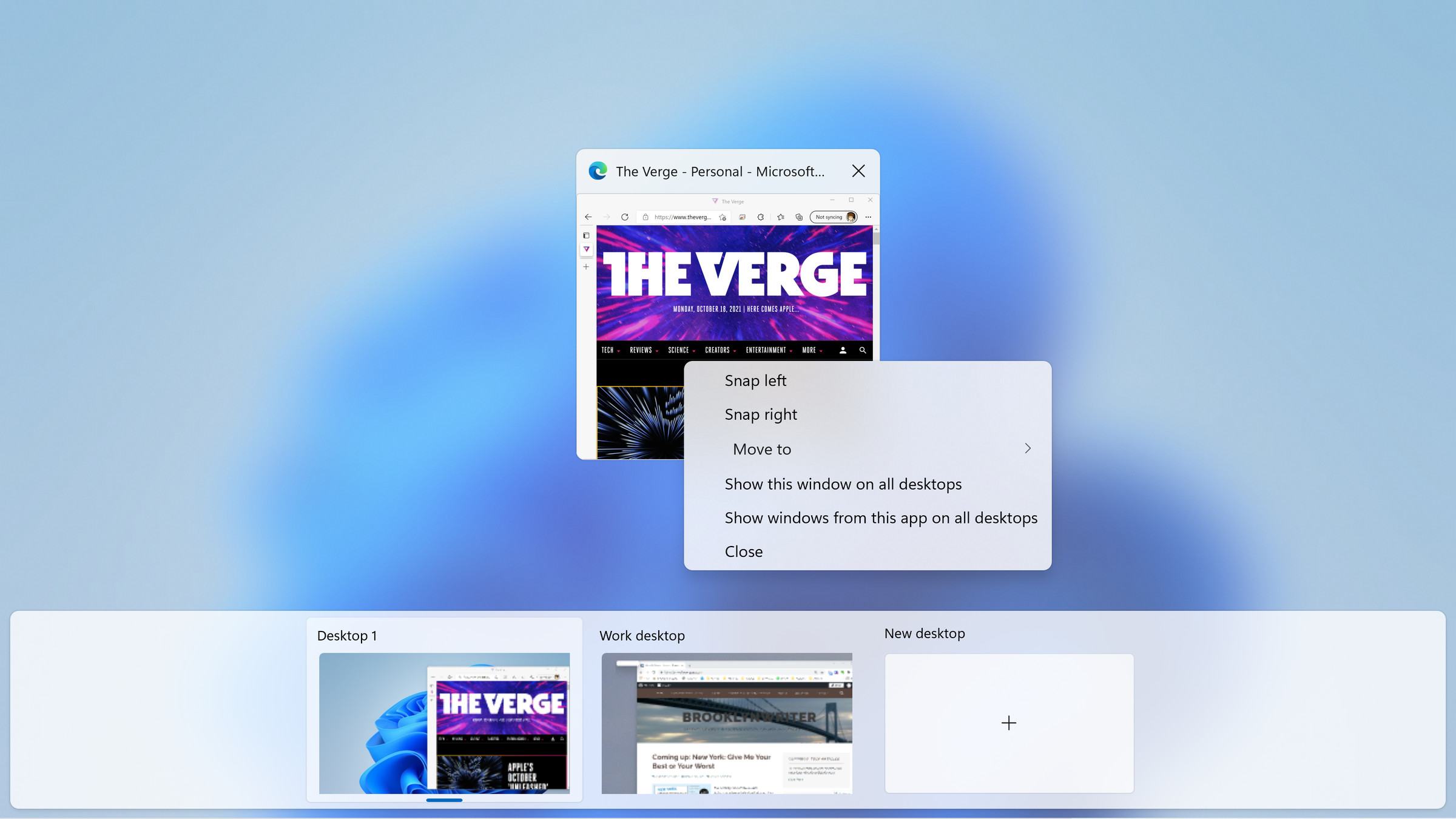 Use “Show this window on all desktops” to use the same app and content in your other desktops.