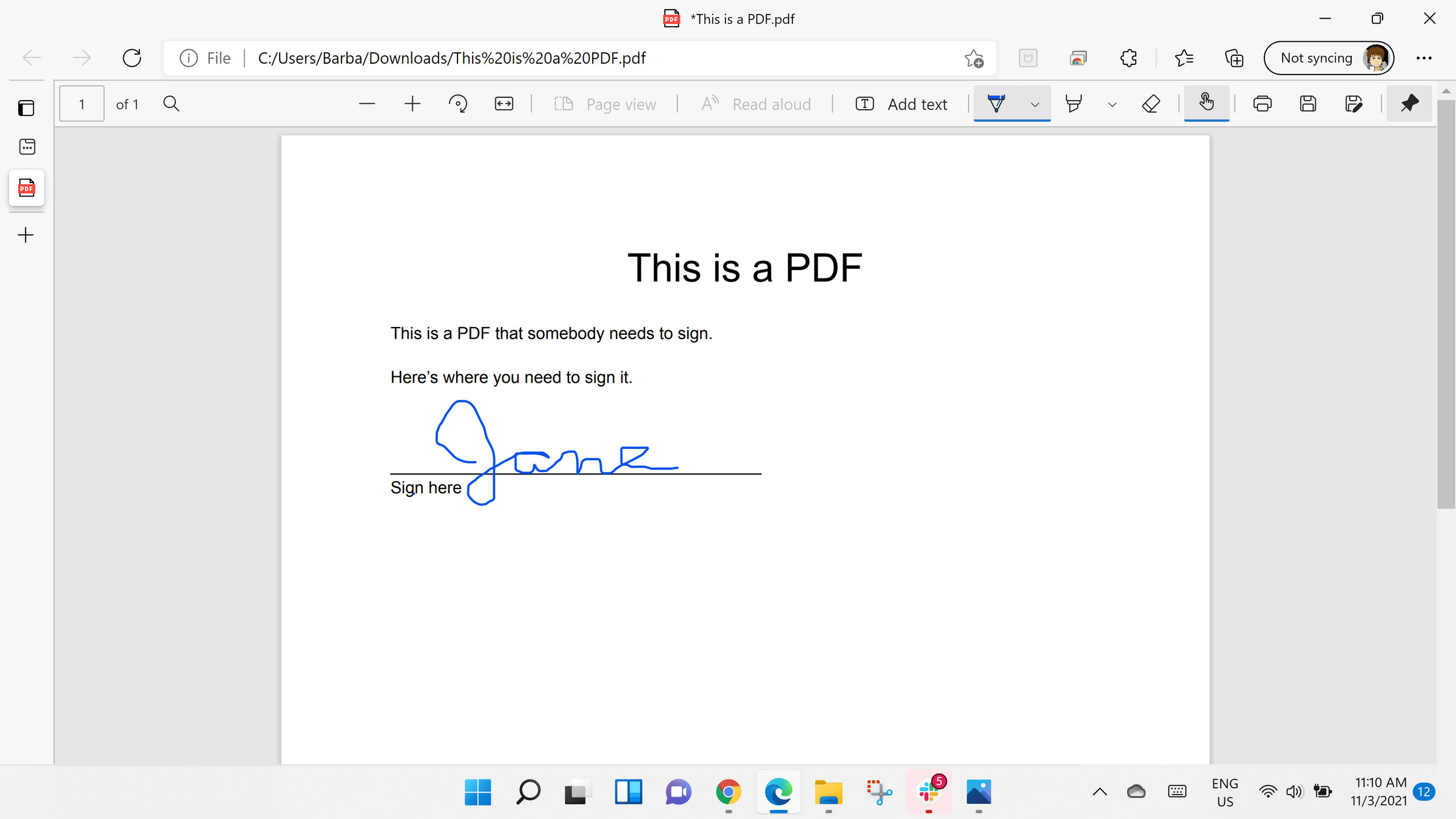You can sign a PDF in Edge, but you can’t save your signature.