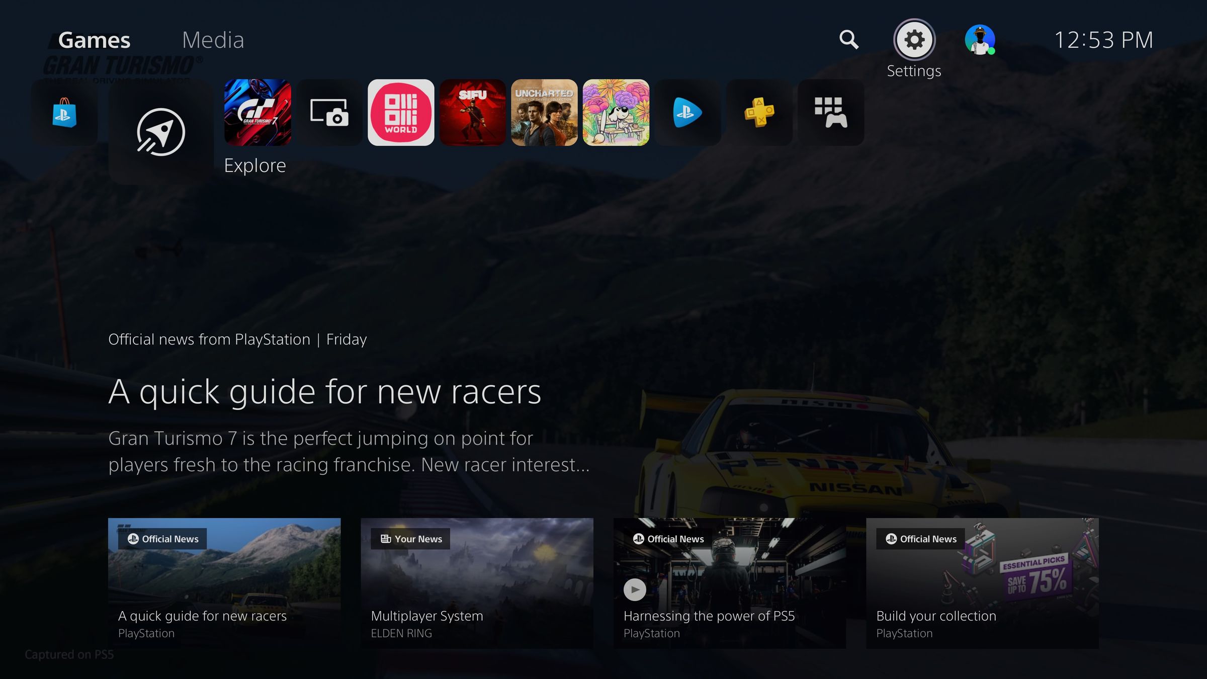 <em>The settings menu is found at the far right of the home screen on PS5.</em>