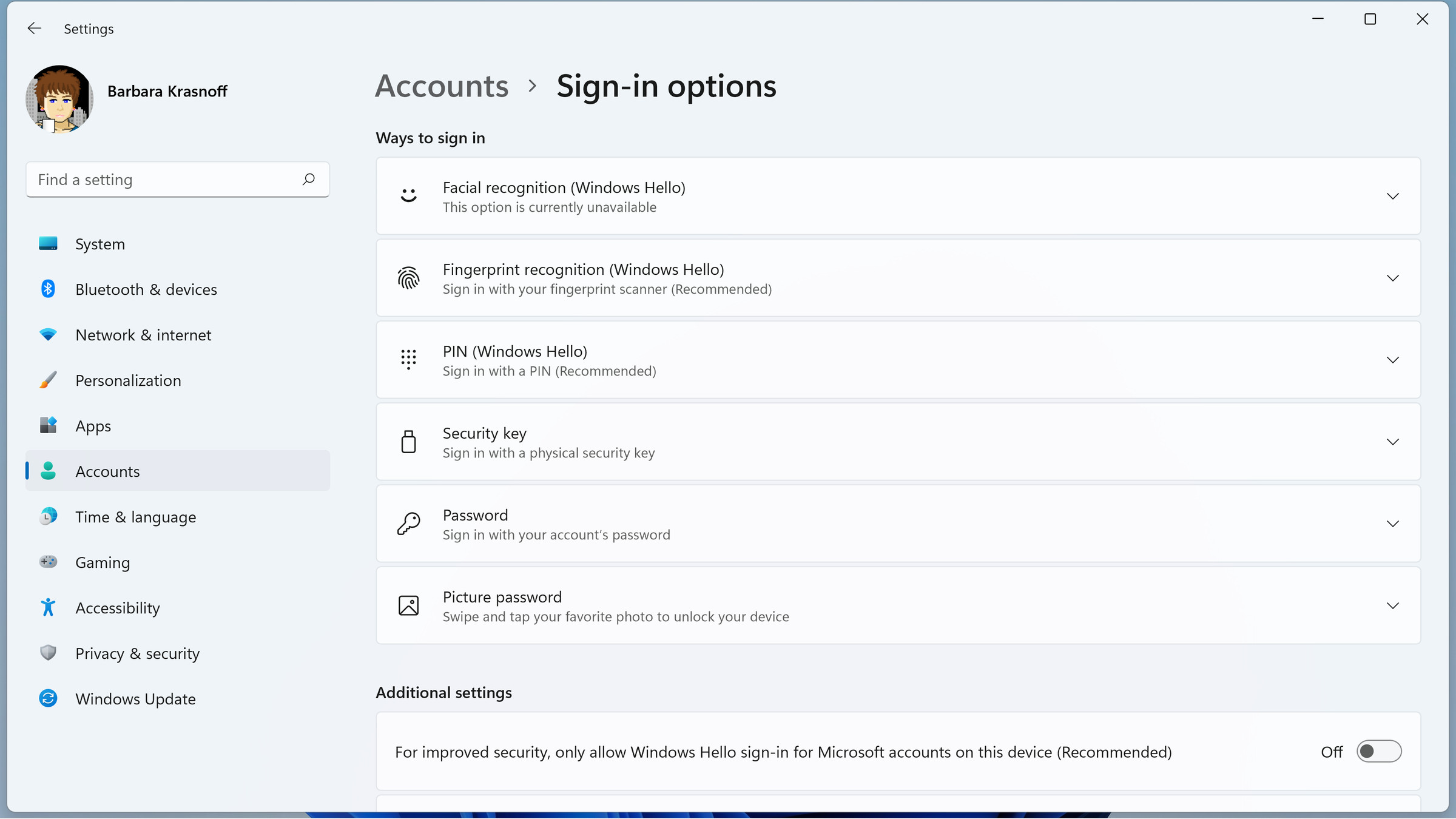Under “Sign-in options,” you’ll see several different methods for signing in, including using your fingerprint, a PIN, or a picture password.  