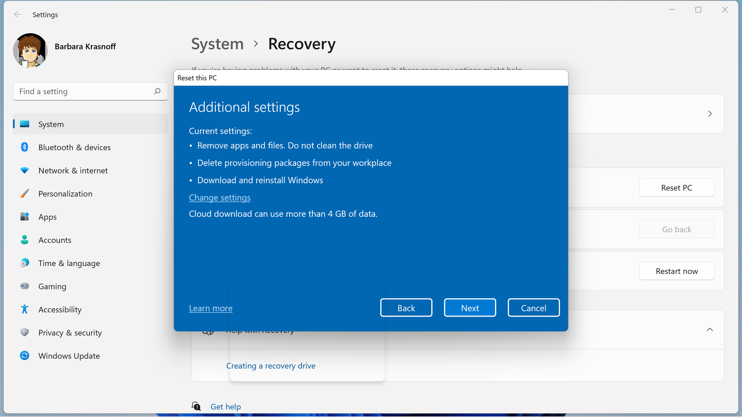 Before you reset, Windows tells you exactly what will happen.
