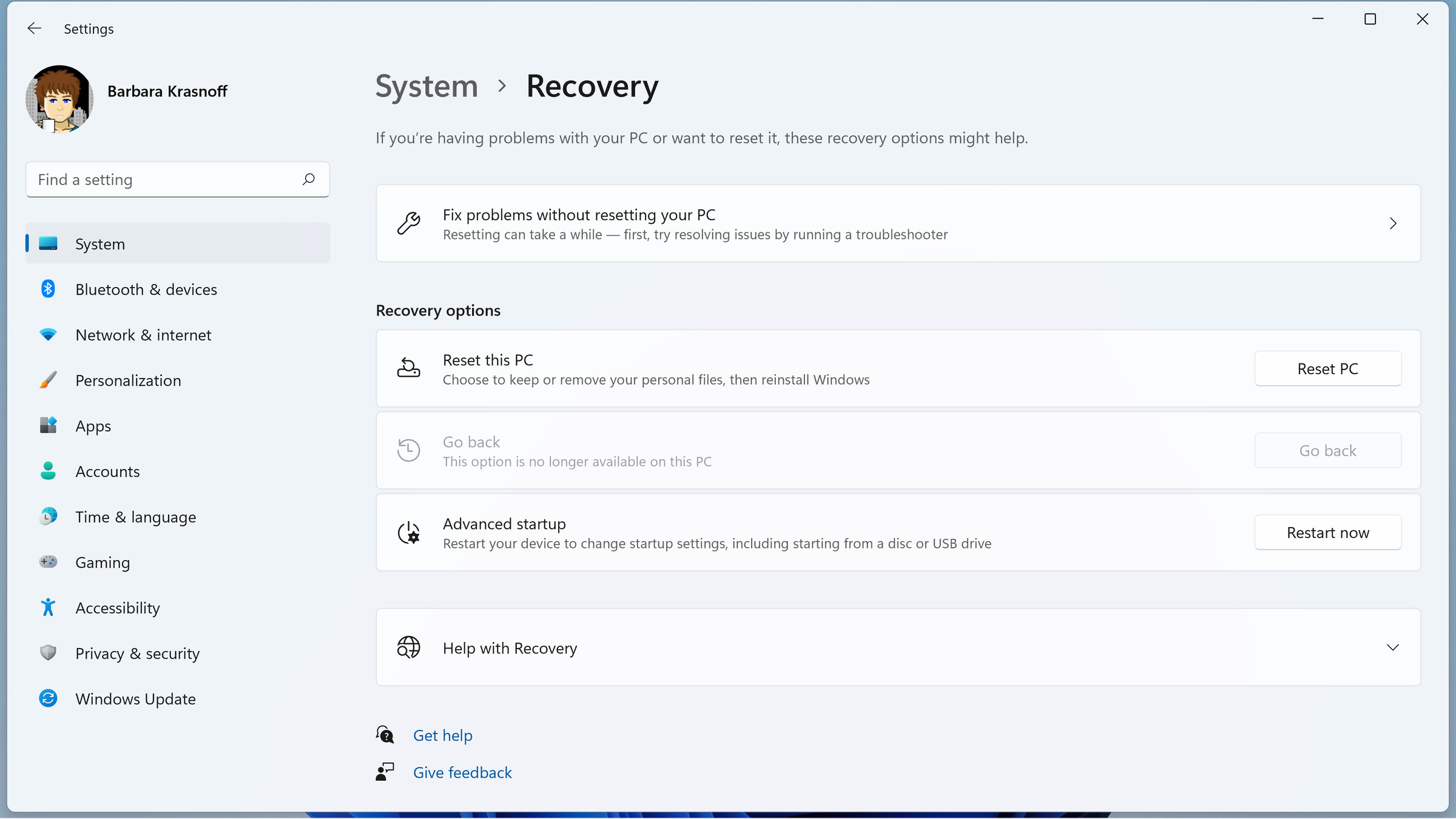 The Recovery screen lets you easily reset your PC.
