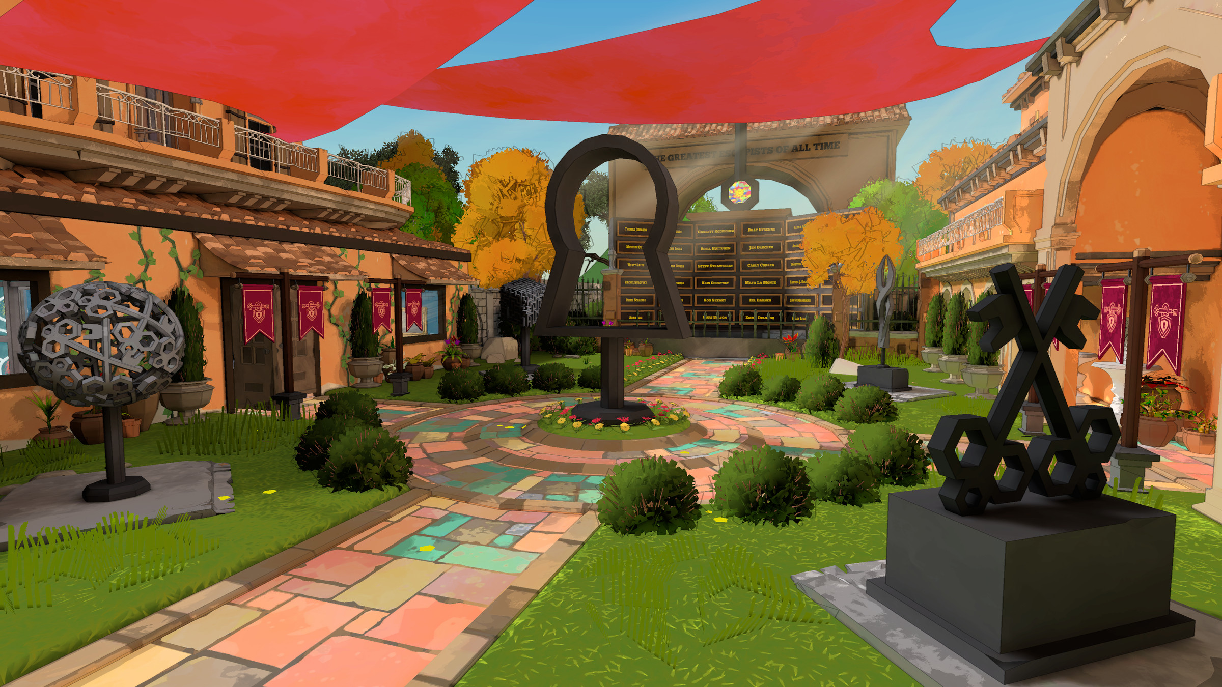 Screenshot from Escape Academy featuring an enclosed outdoor area littered with statues that are also puzzle clues.