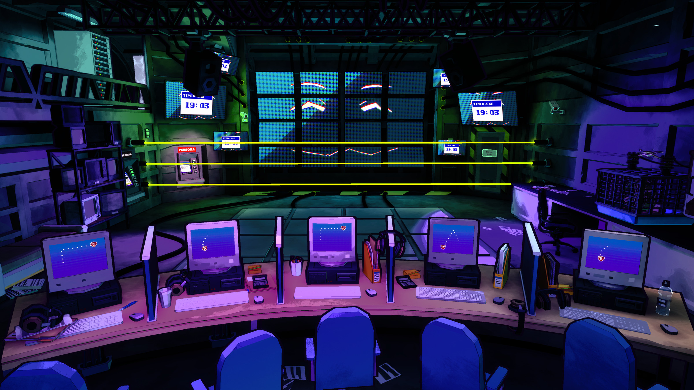 Screenshot from Escape Academy featuring a giant wall of TVs with a face on it protected behind a wall of lasers with five desktop computers in the foreground displaying a puzzle clue as a screensaver.