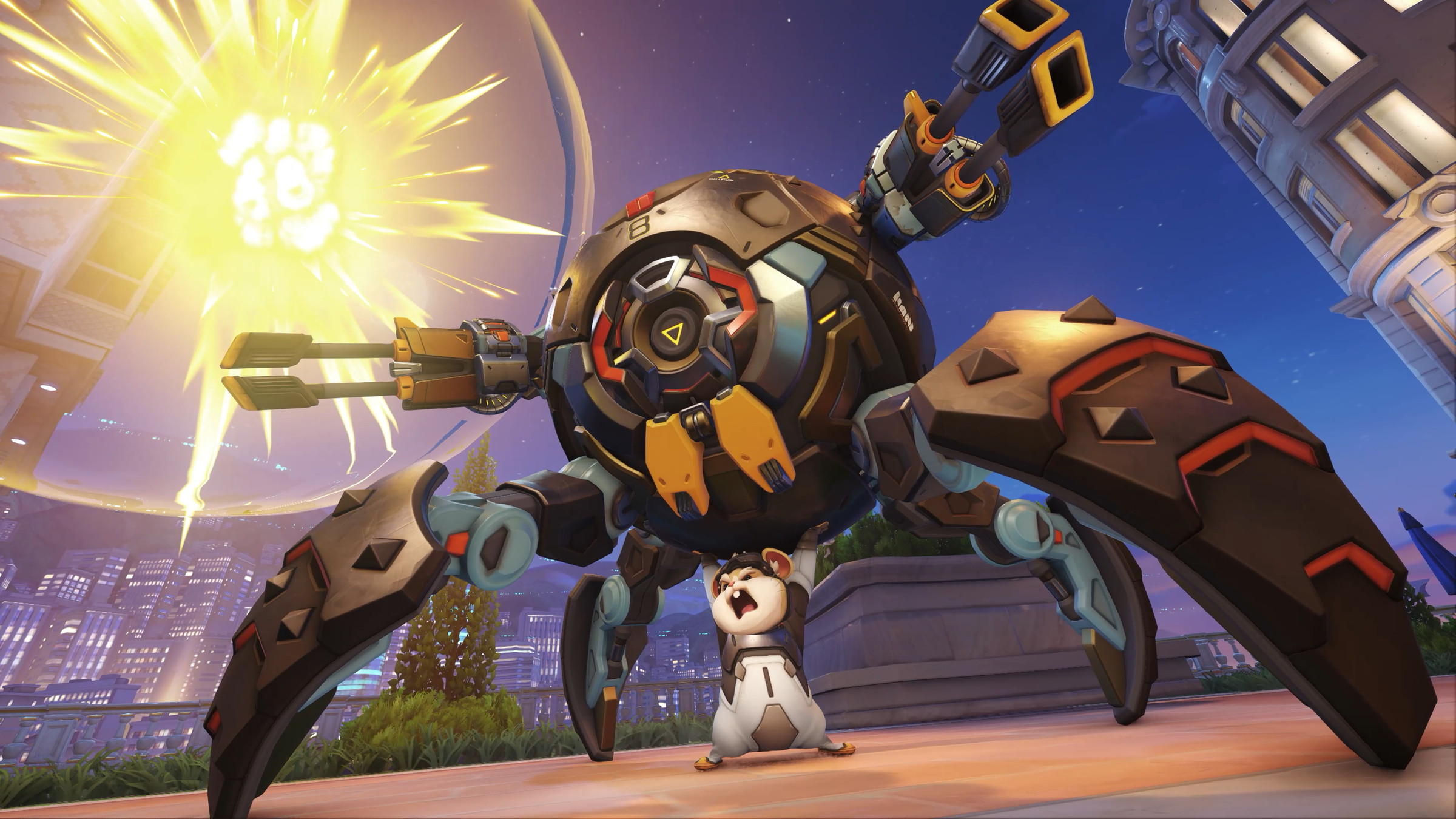 Screenshot of the Overwatch 2 hero Wrecking Ball, a small tan hamster standing triumphantly underneath his mecha hamster ball outfitted with machine guns and spider-like legs.