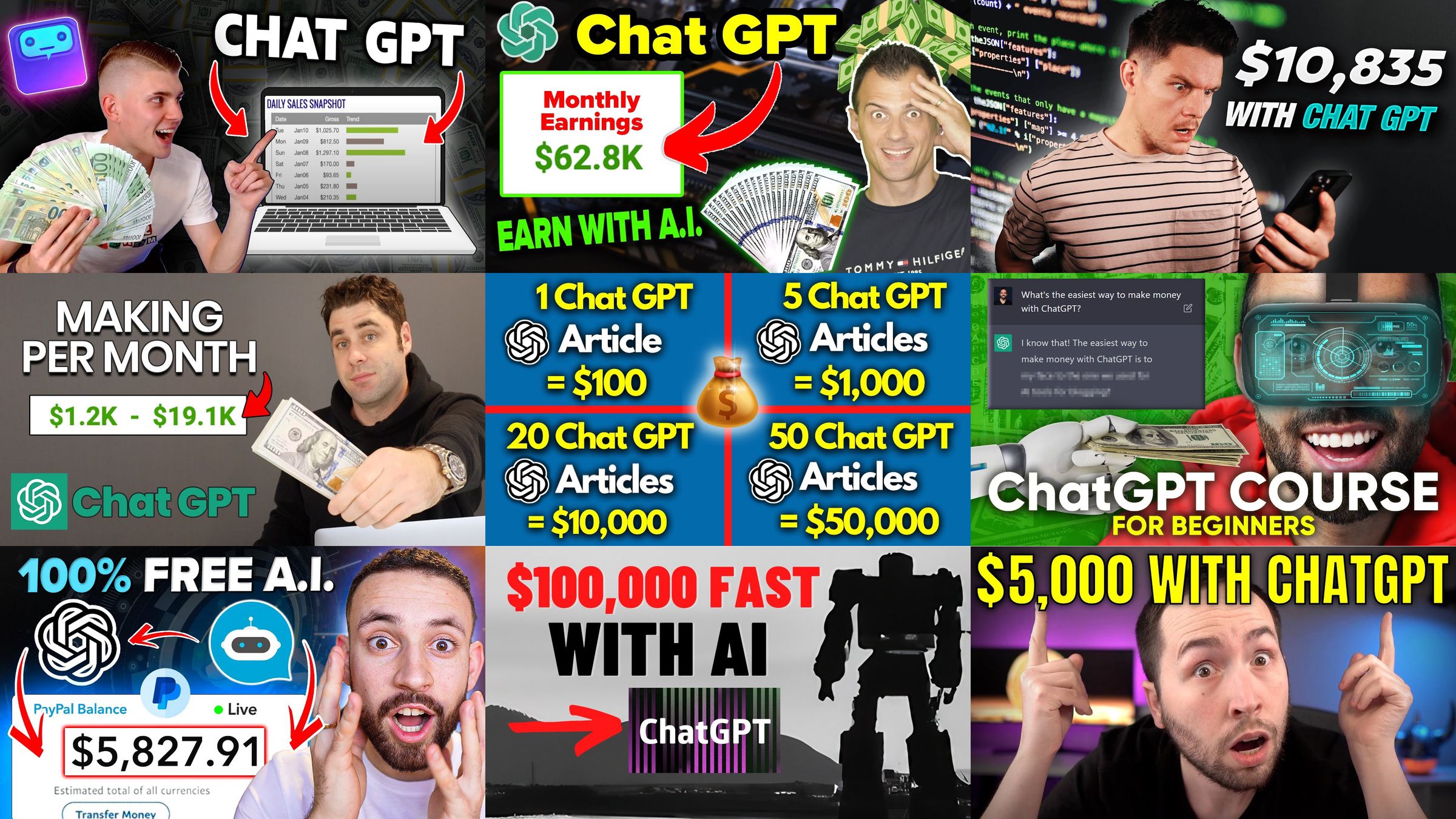 A collage of YouTube thumbnails, each promising strategies for making money using ChatGPT. The collage is overwhelming and very weird. 