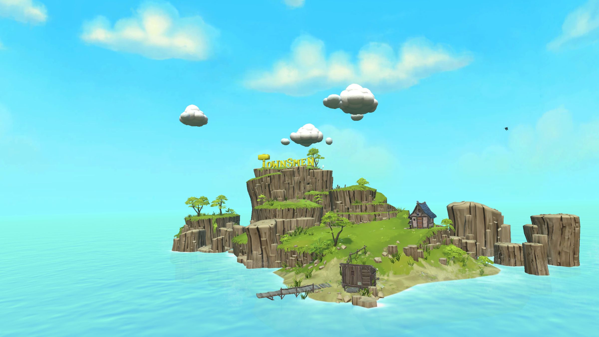 Floating over an island with rudimentary cottages