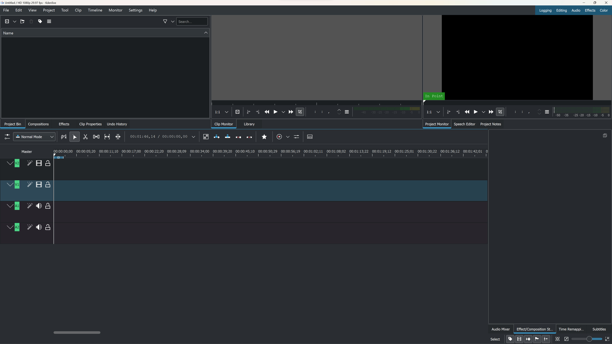 A screenshot of the interface of Kdenlive, video editing software.
