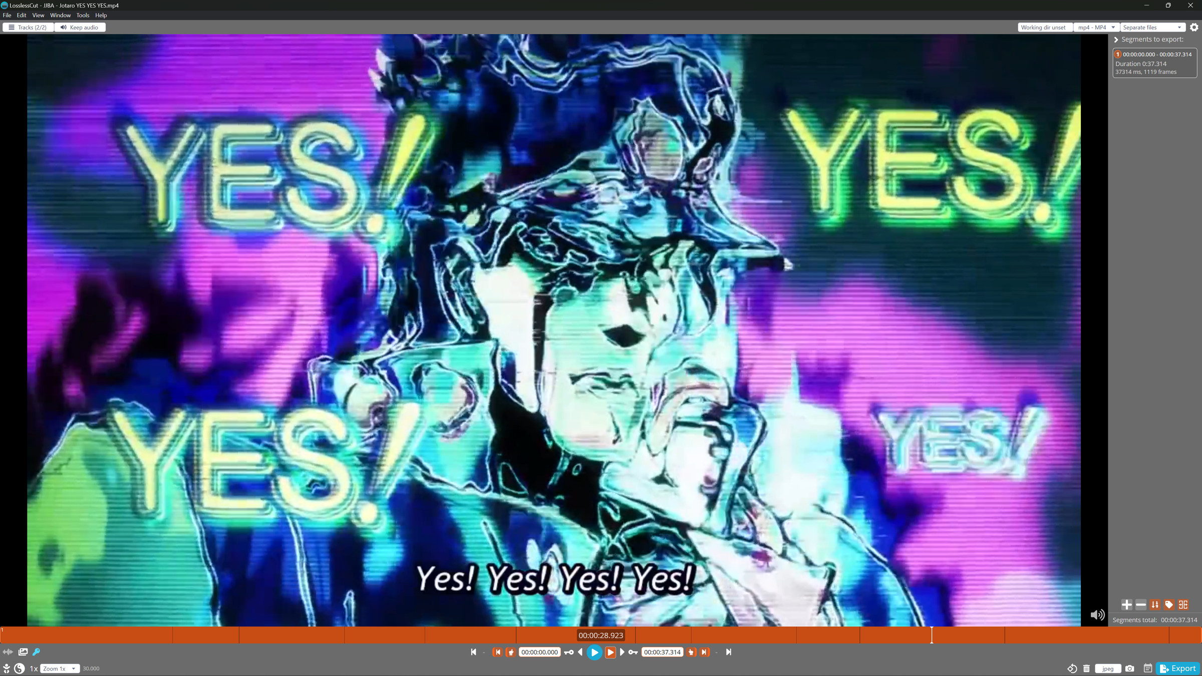An image of a video from JoJo’s Bizzare Adventure downloaded from YouTube in Lossless Cut.