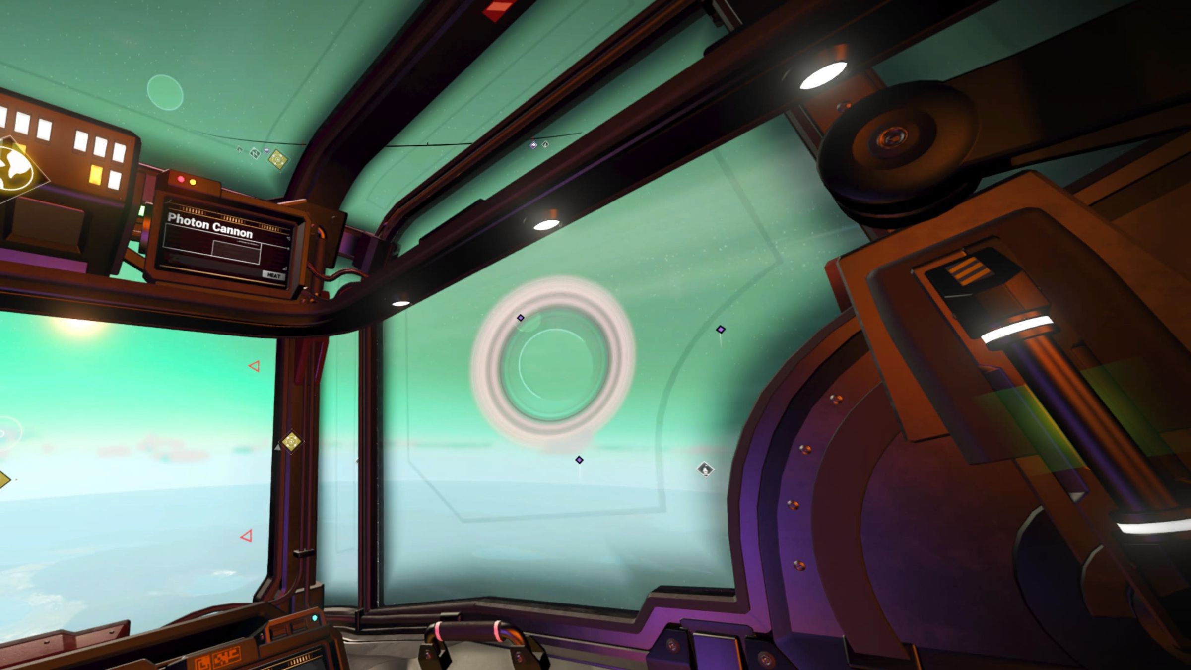 In a screenshot from No Man’s Sky, a green planet is visible from the cockpit of a ship. 
