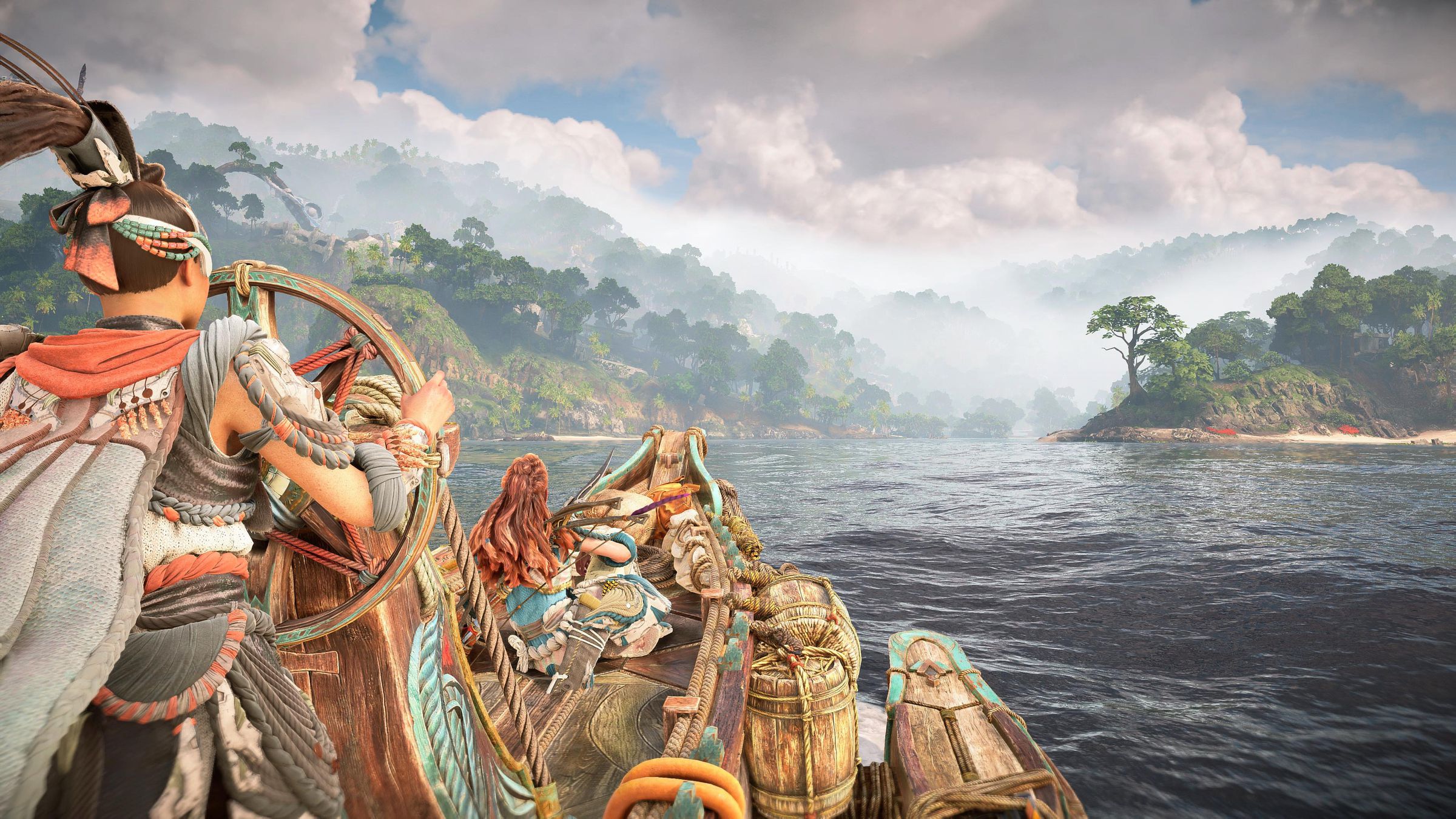 A screenshot of Horizon Forbidden West: Burning Shores. Aloy and Seyka are on a skiff on the water.