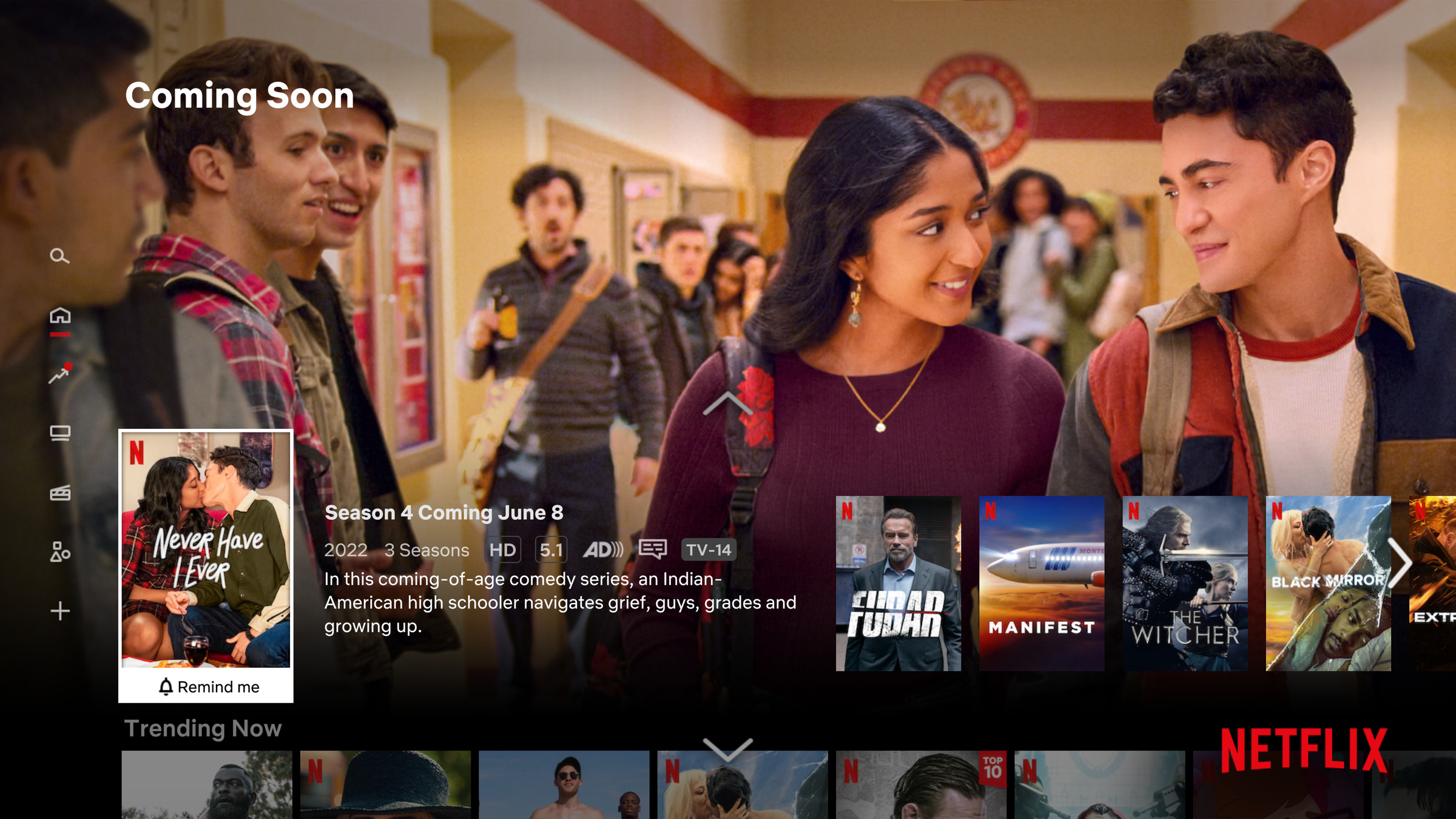 A screenshot of Netflix’s “Coming Soon” row on its TV app.