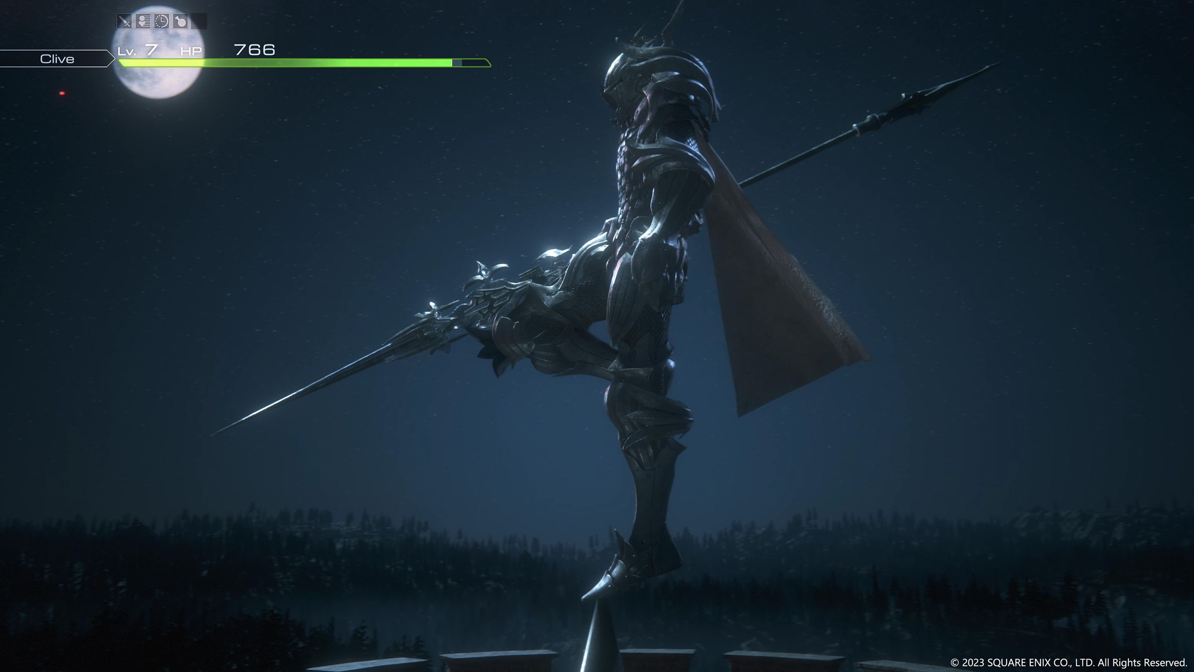 Screenshot from Final Fantasy XVI featuring an armored dragoon silhouetted by moonlight, perched stylishly on a building’s spire before descending into combat.