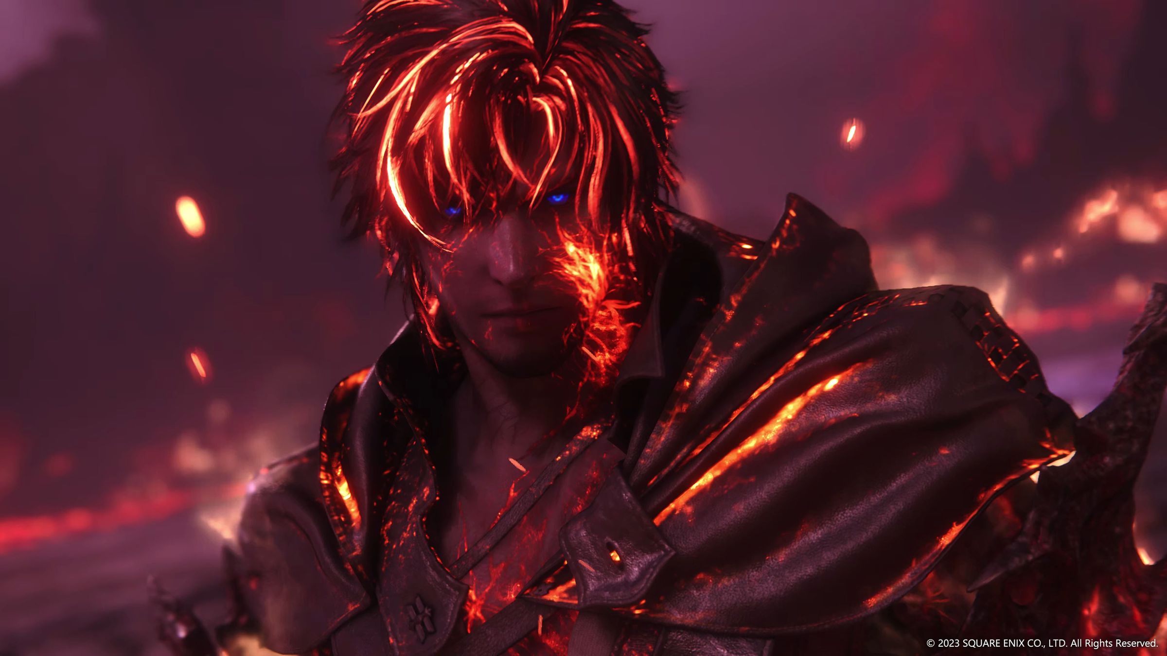 Screenshot from Final Fantasy XVI featuring Clive Rosfield aglow with flames bursting from his skin.