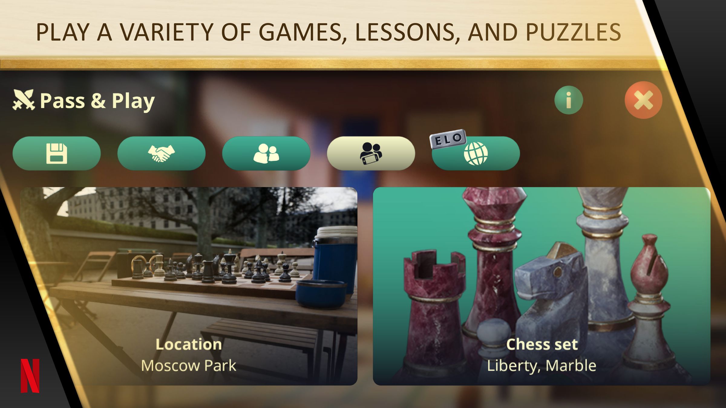 Screenshot from The Queen’s Gambit Chess featuring a menu from the game offering different game modes to play