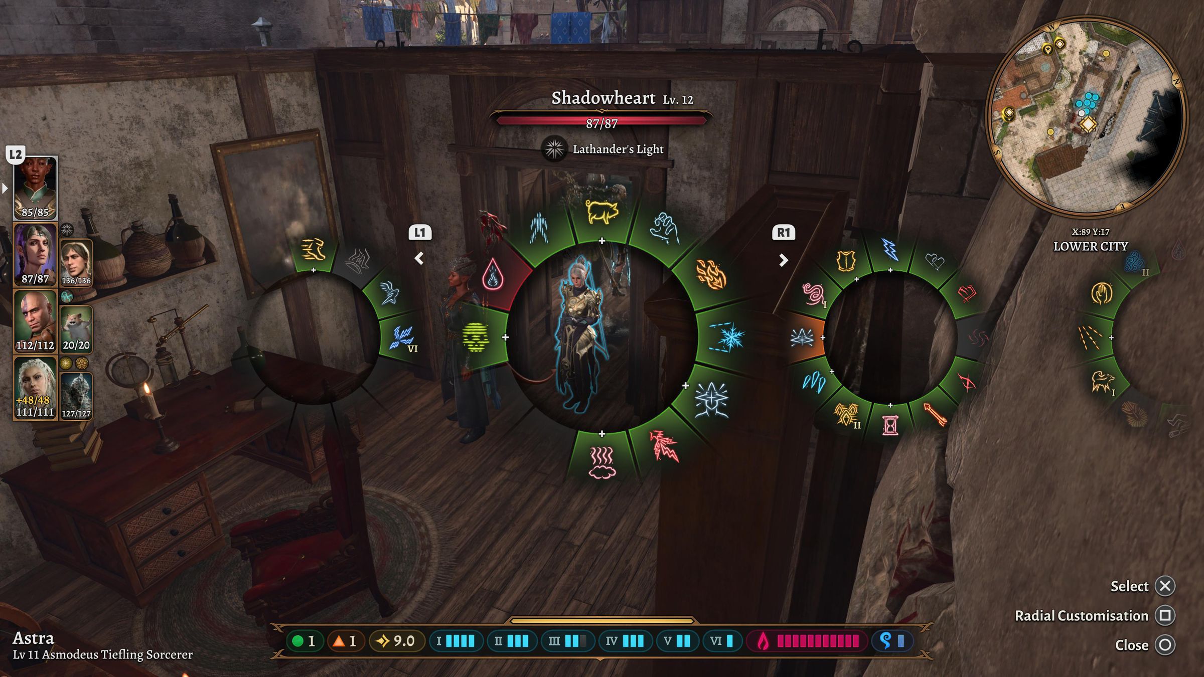 Screenshot from Baldur’s Gate 3 featuring the game’s ability radial menus for use in combat.