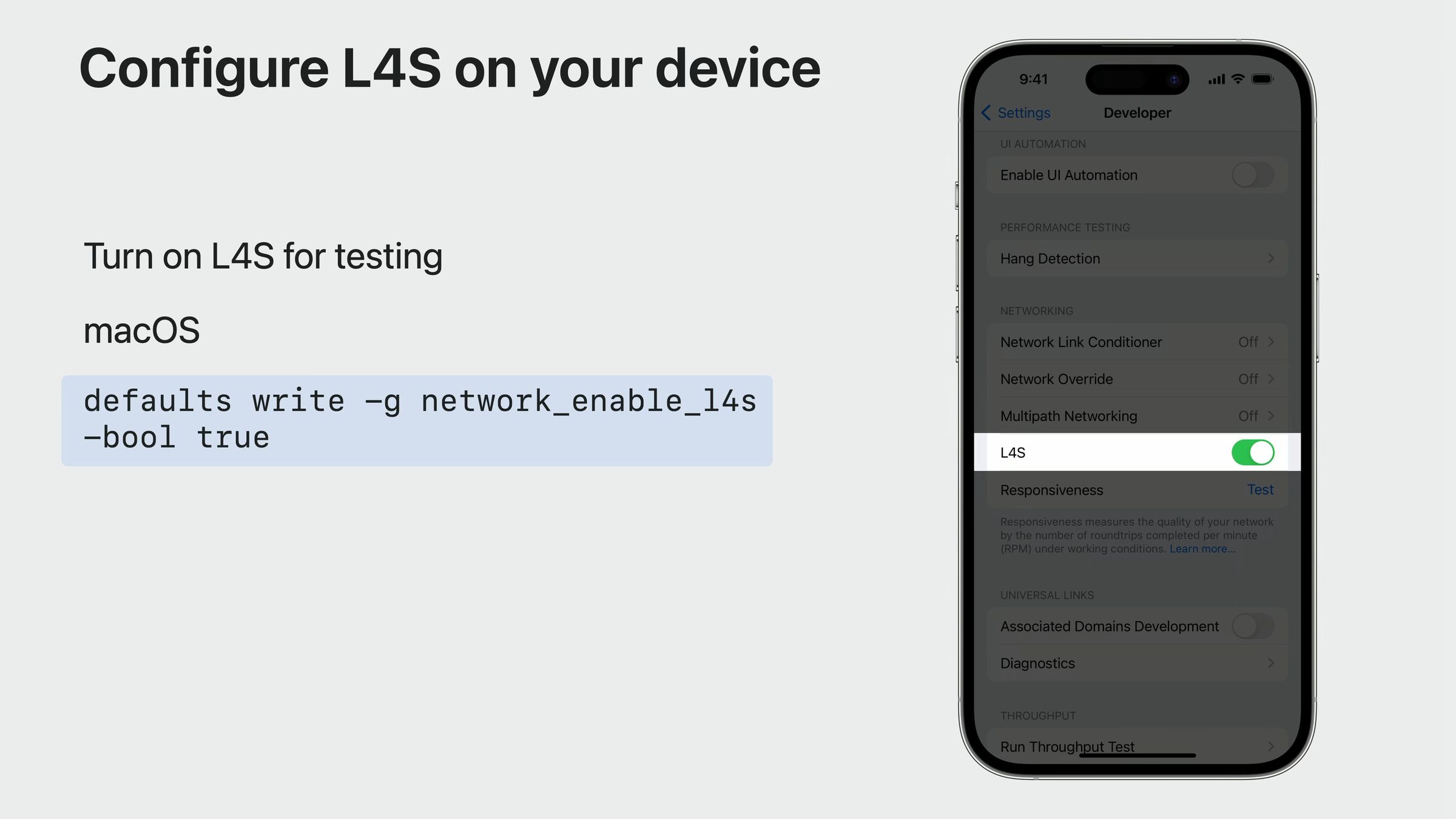 A screenshot from the developer presentation showing the setting and code required to enable L4S for testing by developers.