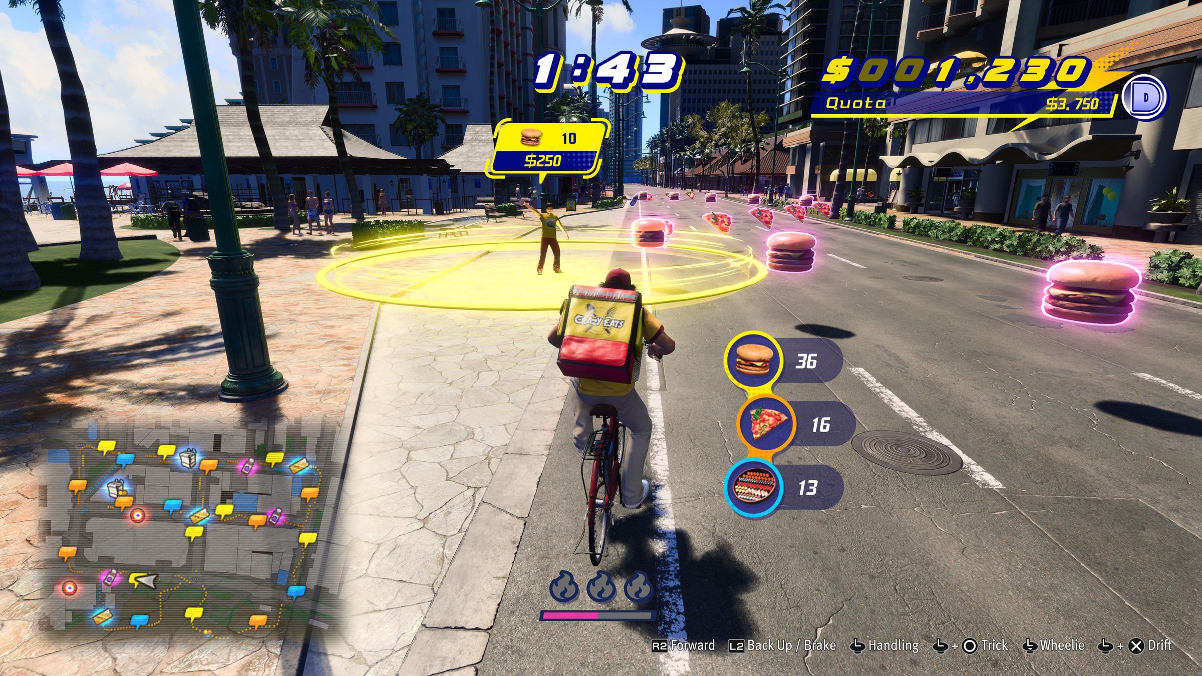 Screenshot from Like A Dragon: Infinite Wealth featuring Ichiban riding a bike heading for a bright yellow circle to drop off food during a food delivery minigame