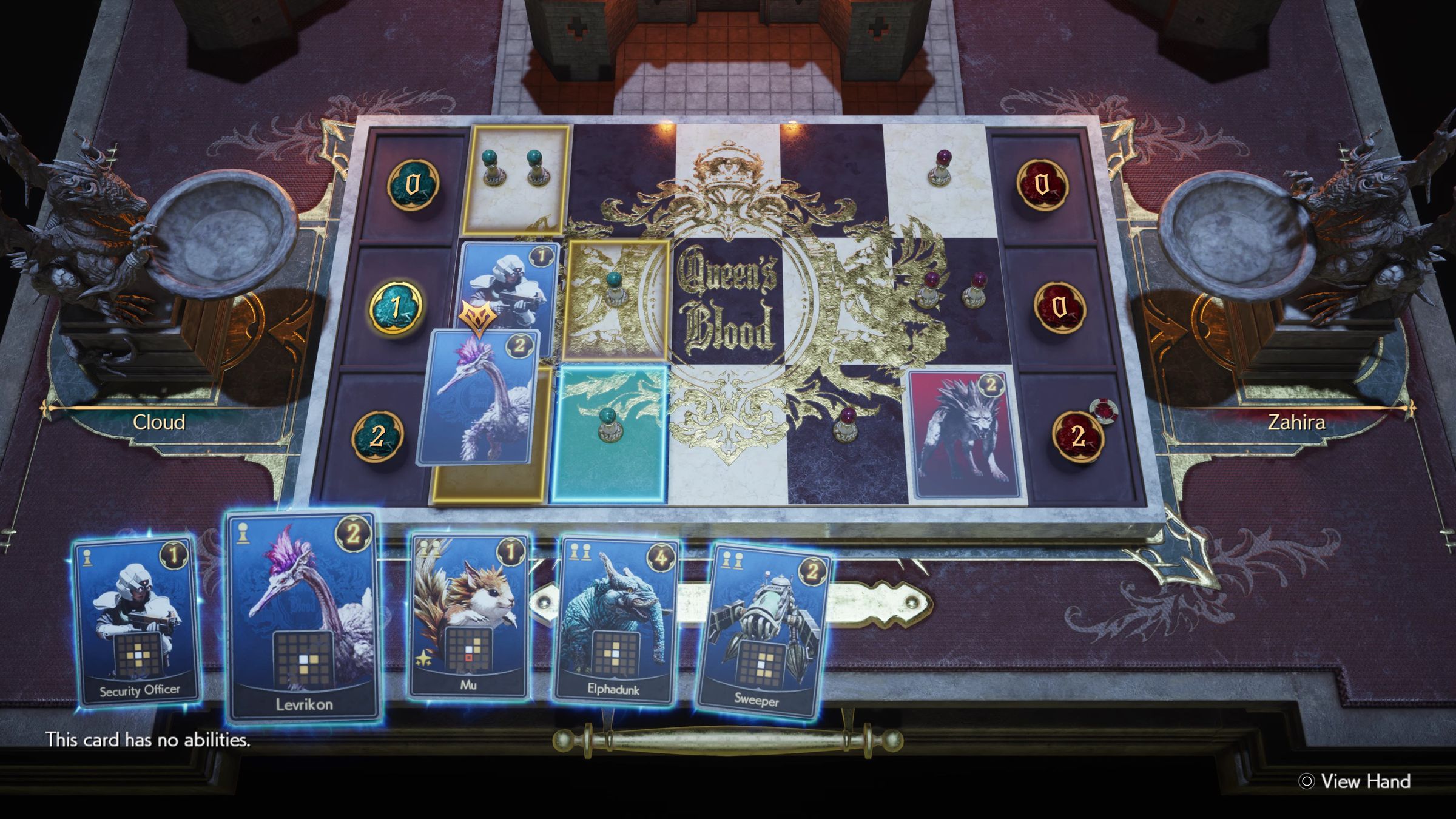 A screenshot of the card game Queen’s Blood inside Final Fantasy VII Rebirth.