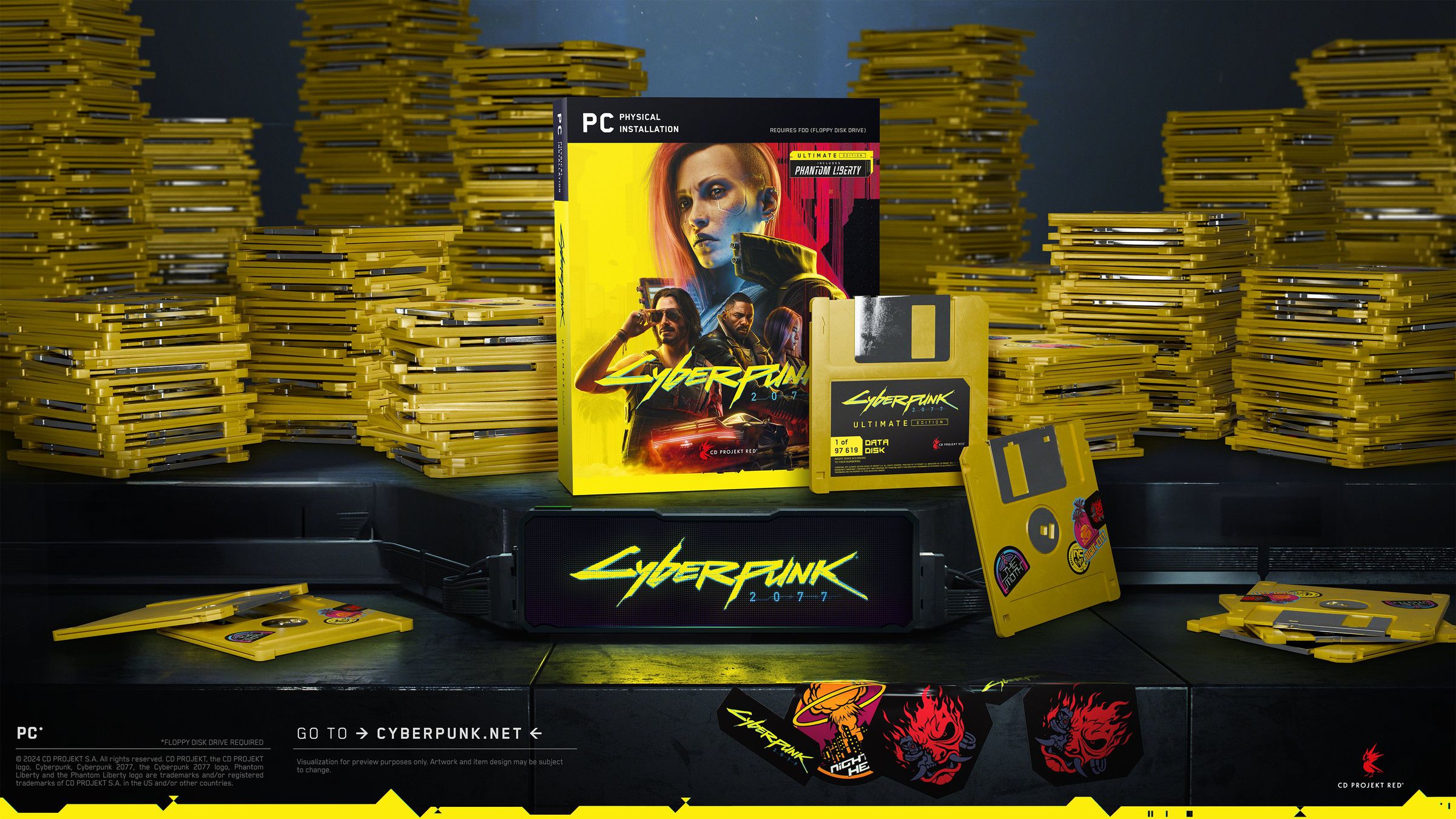 Mockup of CyberPunk 2077 PC game box and thousands of 3.5-inch floppy disks.