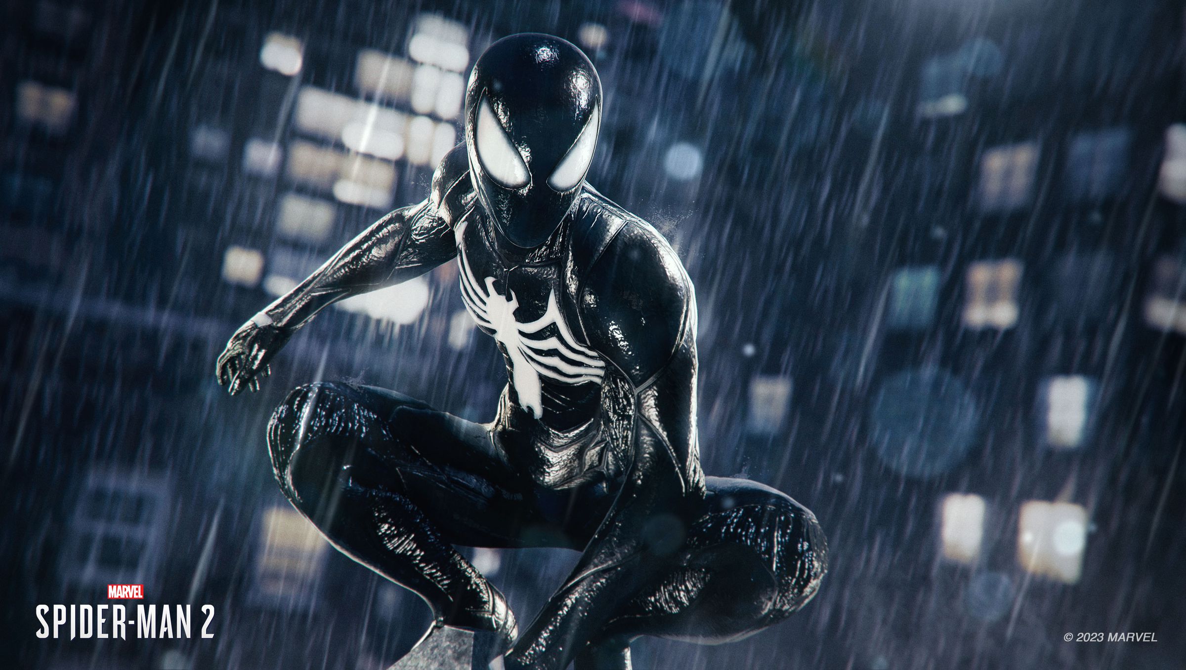 A screenshot from the video game Spider-Man 2, of Peter Parker in a black symbiote suit.